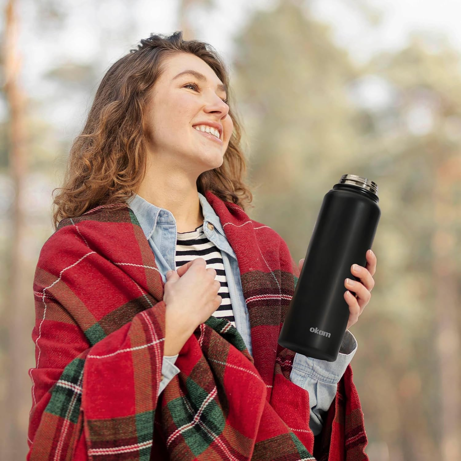 Okam 1L Drink Bottle Leak Proof Tea Infuser Bottle, Black - Stainless Steel Double Layer Vacuum Insulated - Dual Drink Hole, Tea/Fruits Strainer - Handle-For Hot/Cold Water, Tea, Infuser Travel Bottle image number 3