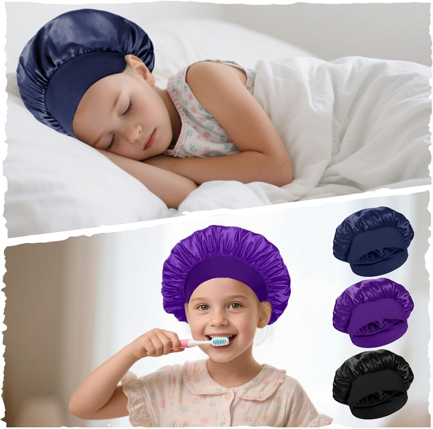 LXUEJEI 3 Pcs Bonnet for Kids, Kids Bonnets for Girls, Satin Silk Hair Bonnet for Sleeping, Soft Wide Band Sleep Cap for Curly Hair Braids Shower Caps for Teens Child Toddler(Blue, Purple, Black) - Black, Pink, Burgundy image number 4