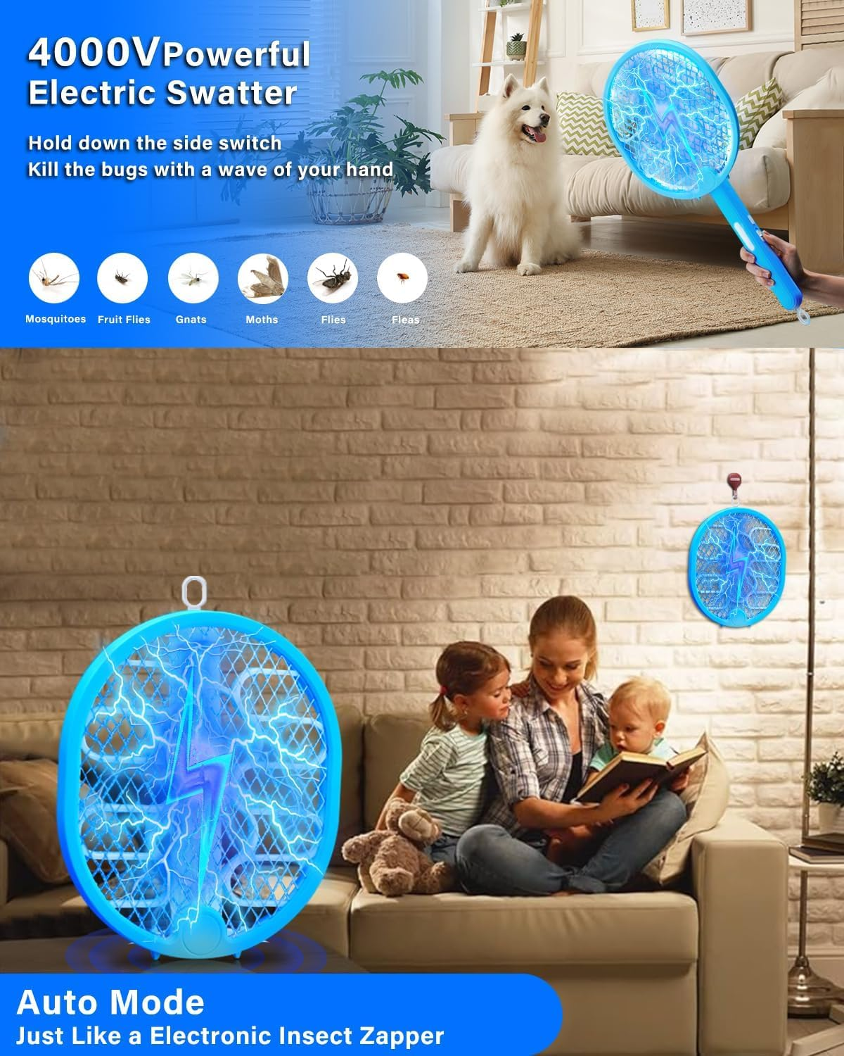 Electric Mosquito Fly Swatter, 2 in 1 Electric Bug Zapper USB Rechargeable, 4000V Indoor Outdoor Mosquitoes Zapper with 3-Mode for Indoor Home Office Backyard Patio Camping image number 1