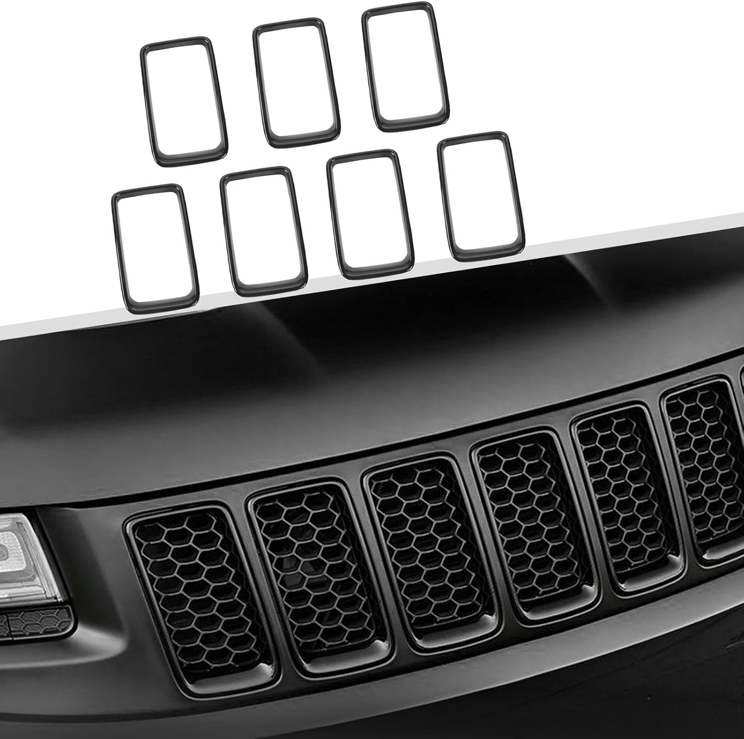 Jimen Compatible with Jeep Grand Cherokee 2014-2016, 7PCS Front Grill Inserts Grille Ring Cover Trim Kit (Black) image number 6