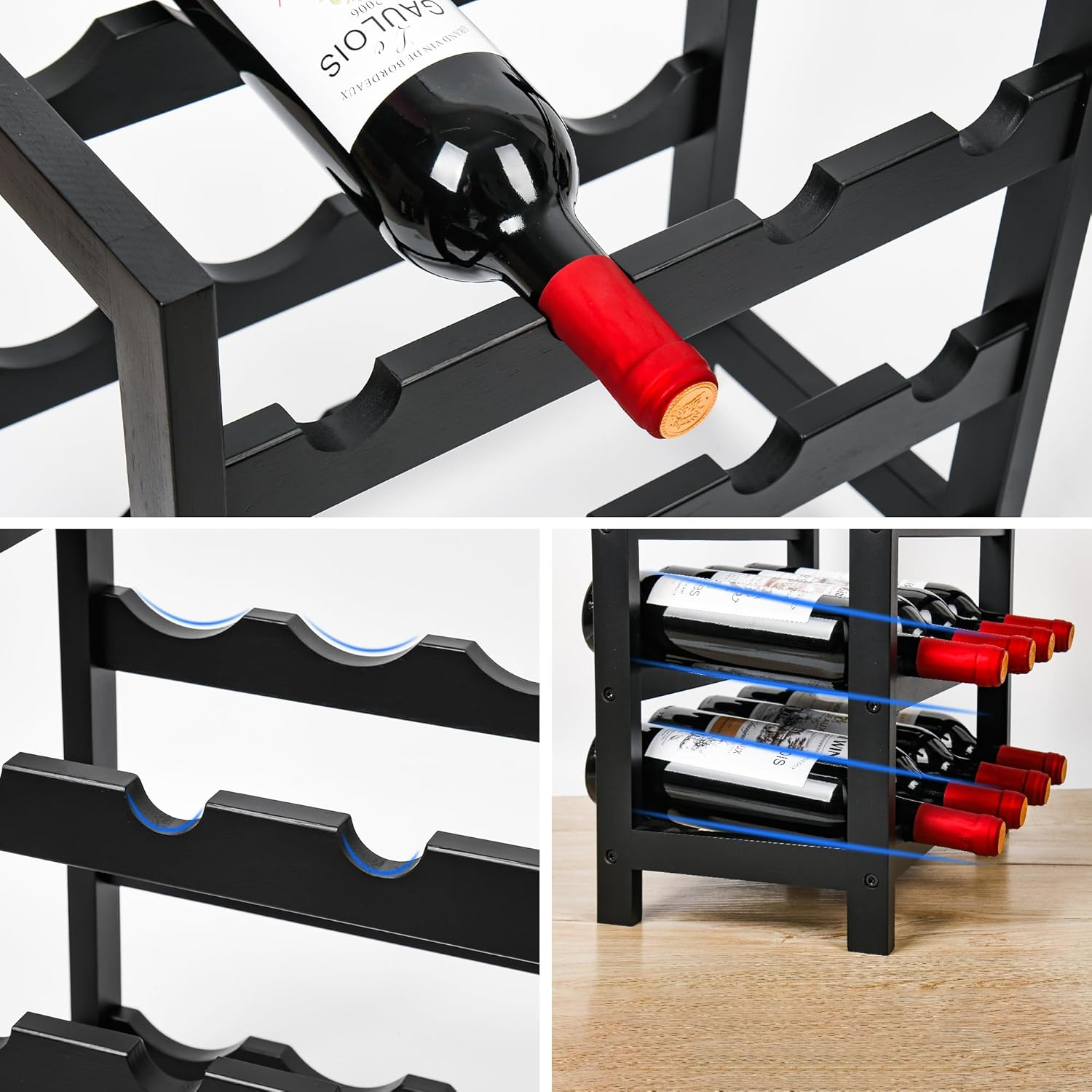 VASMIA Wine Rack for 24 Bottles, Bottle Rack with 6 Levels, Bamboo Wine Stand for Cellar, Bar and Kitchen, Living Room, Bottle Rack 41 X 24 X 81 Cm, Black