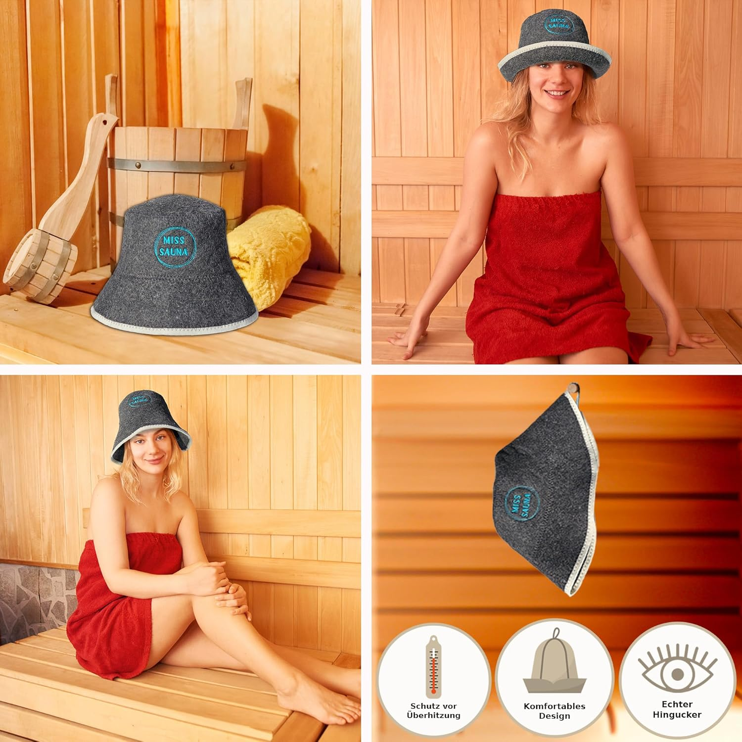 PRINZEPS Sauna Hat Women'S Perfect Sauna Hat Made of 100% Wool Felt - Felt Hat Women with Exclusive Miss Sauna Embroidery - Ideal Sauna Headgear Sauna Hat - Gifts for Sauna Goers, Gray image number 1