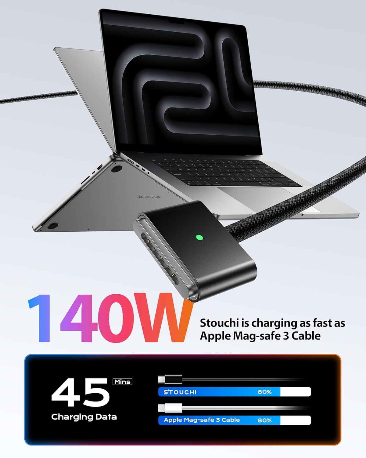 STOUCHI 140W USB C Mag-Safe 3 Cable USB Type C to Mag Safe 3 Charging Cable Compatible with Macbook Pro 2023(M2,14/16Inch)/2021(M1), Macbook Air 2024(M3,13/15 Inch)/M4 2025 Nylon Braided 2M/Black