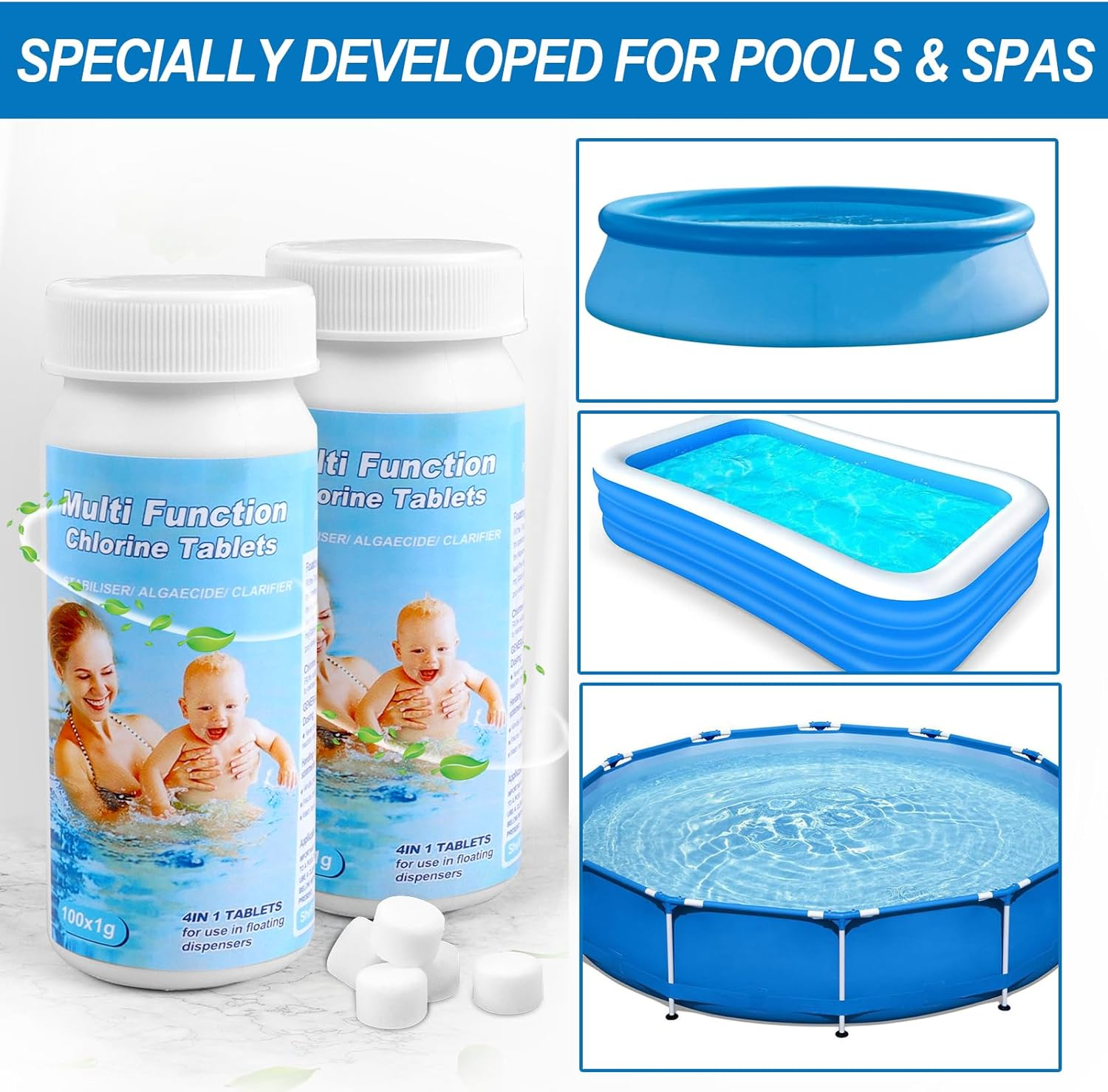 Pool Cleaning Tablets 200 Pieces for Pool, Water Tank, Hot Tub, Spa (C)
