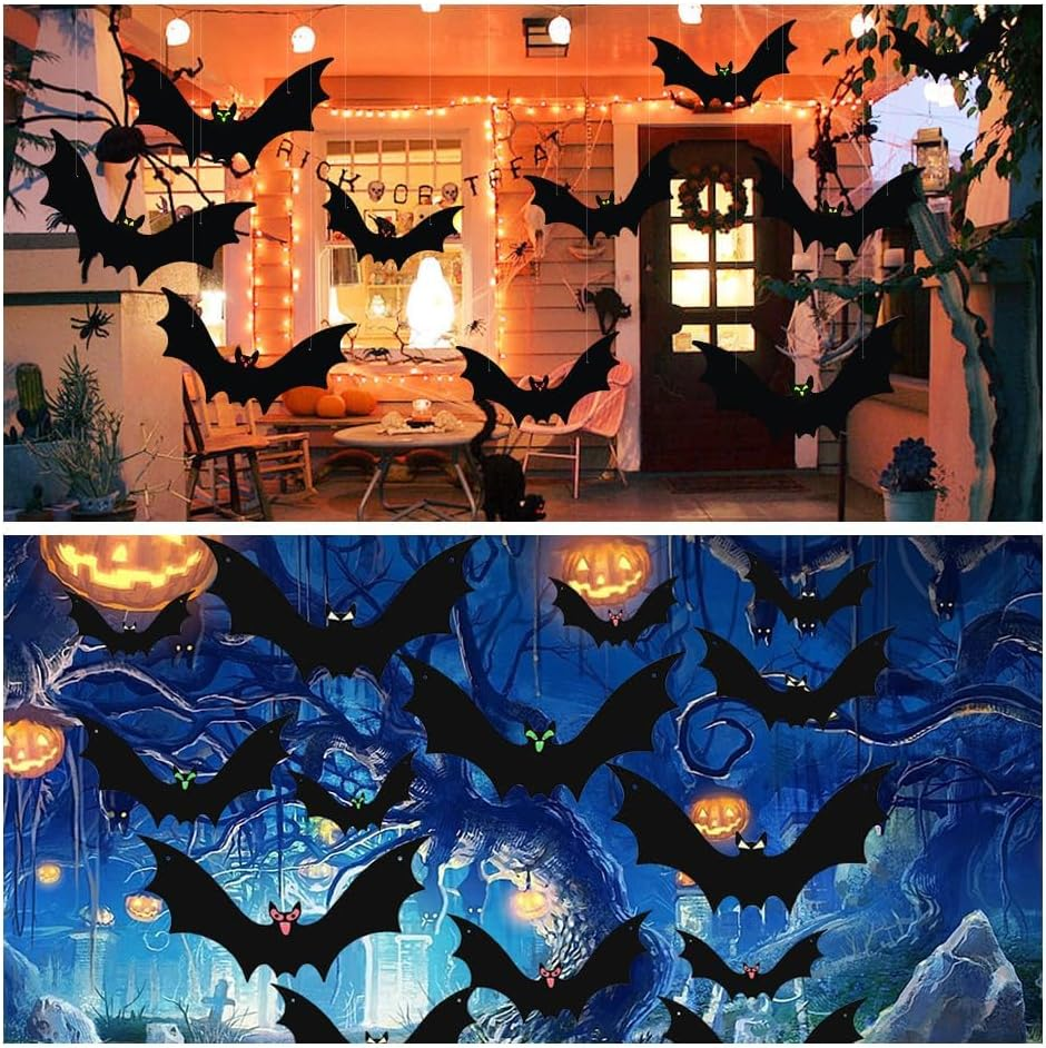 18 PCS Halloween Hanging Bat Decorations: Luminous Eyes & 3D Realistic Scary Styles, 3 Different Sizes Large Fake Black Flying Bats for Yard, Party, Indoor & Outdoor Lawn Decorations image number 5