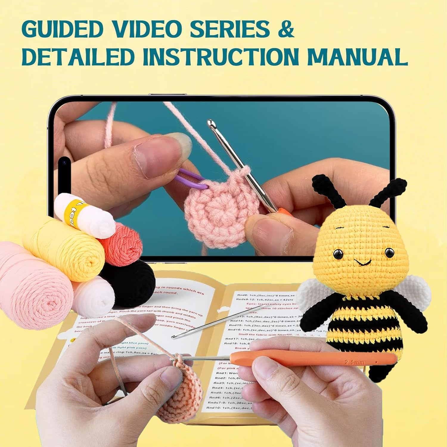 Crochet Kit for Beginners,Crochet Animal Kit for Beginners with Step-By-Step Video Tutorials,Learn to Crochet Kit for Kids Ages 13+ and Adults,Crochet Decoration Supplies DIY Craft Gift,Crochet Bees