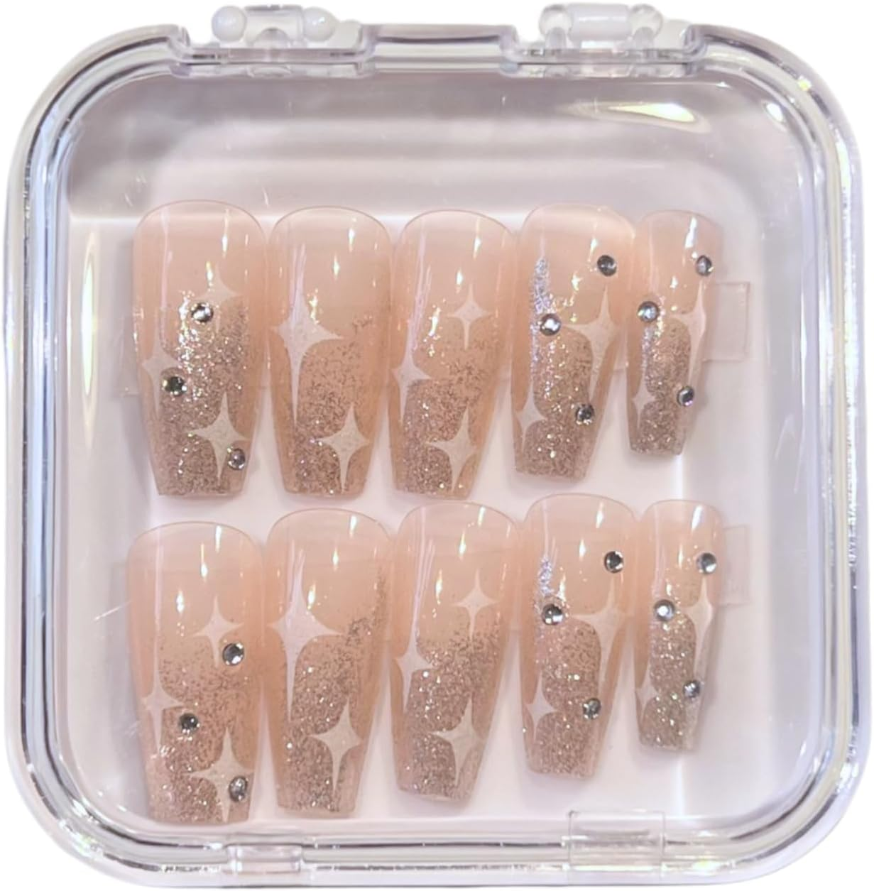 Pushnposh Premium 24PCS Press-On Nails Set &ndash; Long Length Neutral Pink Full Cover with Diamond and Stars for Women and Girls image number 2