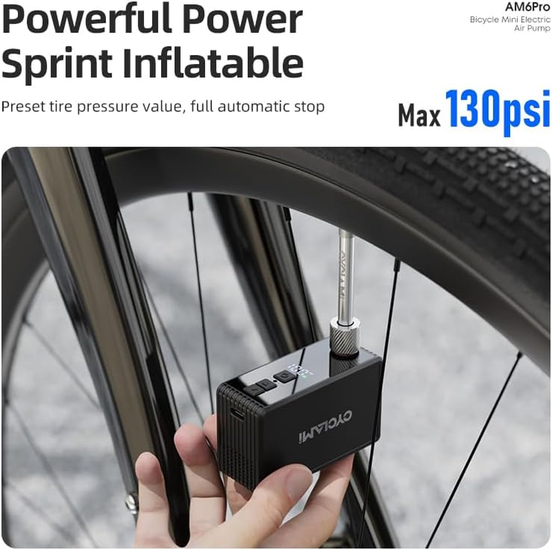 Mini Electric Bicycle Pump,130Psi Auto Stop Bicycle Air Pump with Memory Function, Presta and Schrader Valve for All Bike, Type-C Rechargeable Battery image number 1