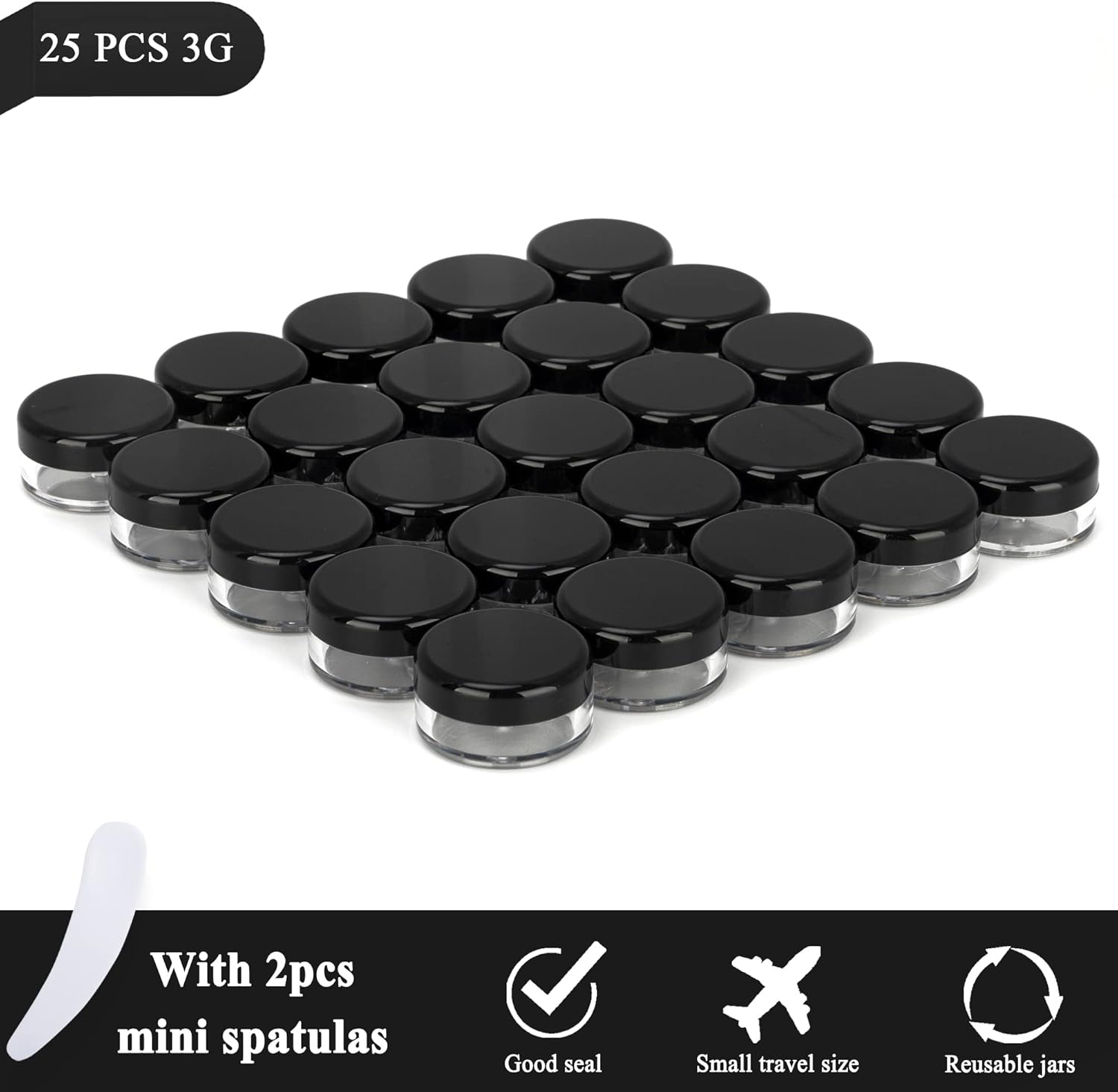 25PCS 3 Gram Sample Containers, 3Ml Empty Jars with Lids, Small Cosmetic Containers, Mini Sample Jars with 2PCS Mini Spatulas for Make Up, Oils, Lotion, Powder, Paint, Jewelry, Lip Balms(Black Lid) image number 6