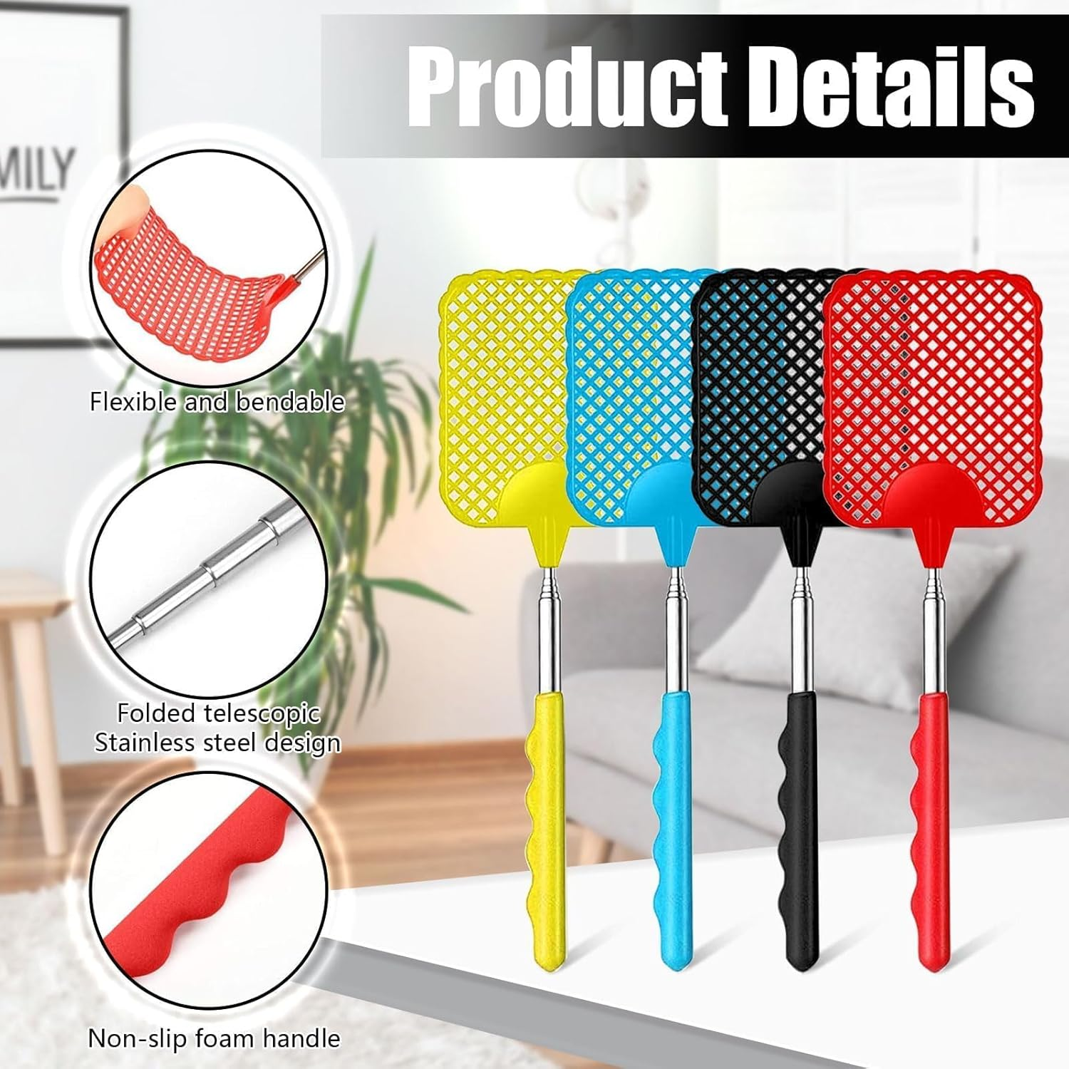 Fly Swatters, 4 Pcs Extendable Fly Swatter, Plastic Fly Swatter for Indoor, Outdoor, Classroom, Office (4 Colors,4 Pcs)