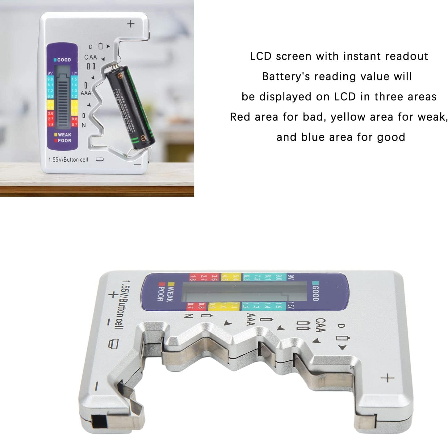 Battery Tester, Universal LCD Display Battery Checker Support D C N Type, AA AAA Battery, Button Cell Analyzer Power Measure Volt Checker Meter for Home (Silver) image number 5