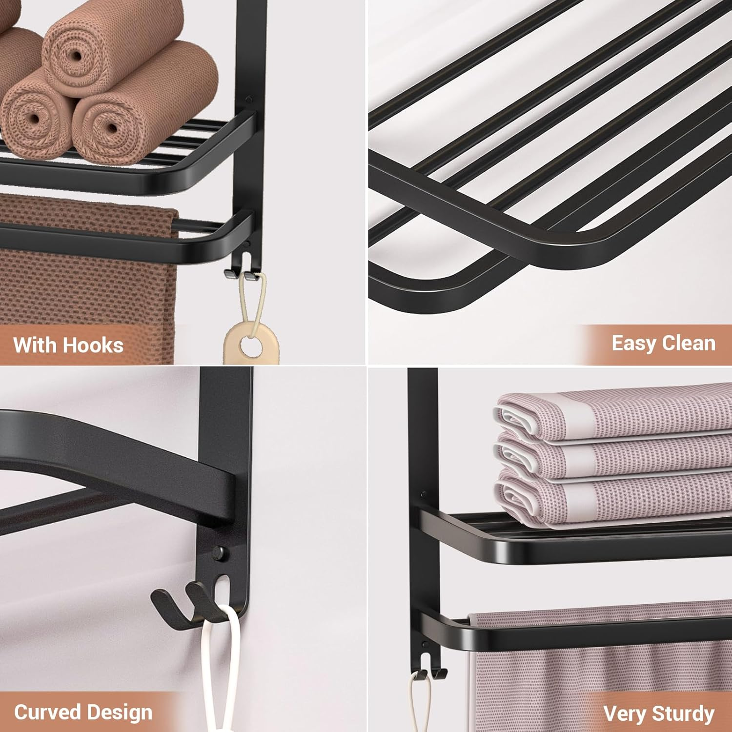 DDS-DUDES 3-Tier Black Towel Racks for Bathroom with Towel Bars Multilayer Hotel Towel Shelf Stainless Steel Wall-Mounted Matte Finished Holder with Towel Shelves 23 Inches image number 3