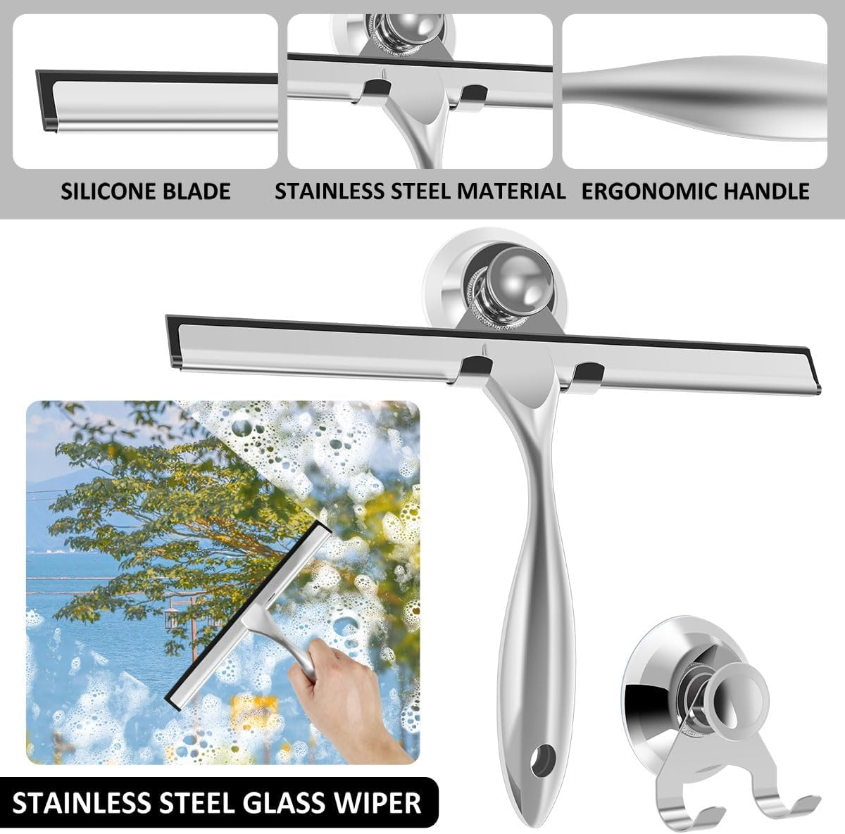Shower Squeegee with Suction Cup Stainless Steel Window Squeegee Window Glass Wiper Scraper Cleaner with Silicone Blade for Bathroom/Kitchen/Car Glass, 10-Inch (Silver) image number 3