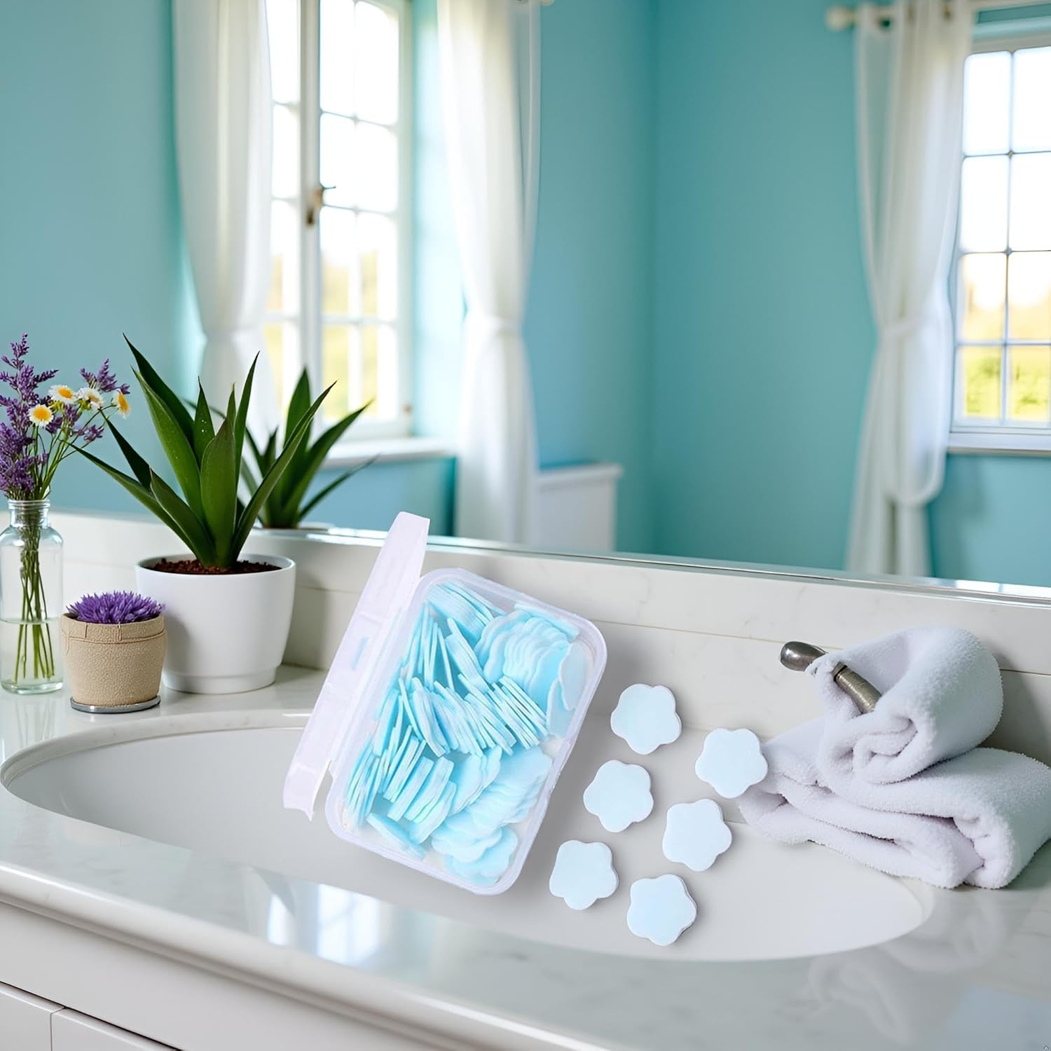 Rosojodg 100Pcs Blue Mini Portable Travel Sheets,Flower Shape Disposable Paper Soap Flakes, Cleaning Washing Hand Toiletry Paper Soap Sheets Hand Wash image number 1