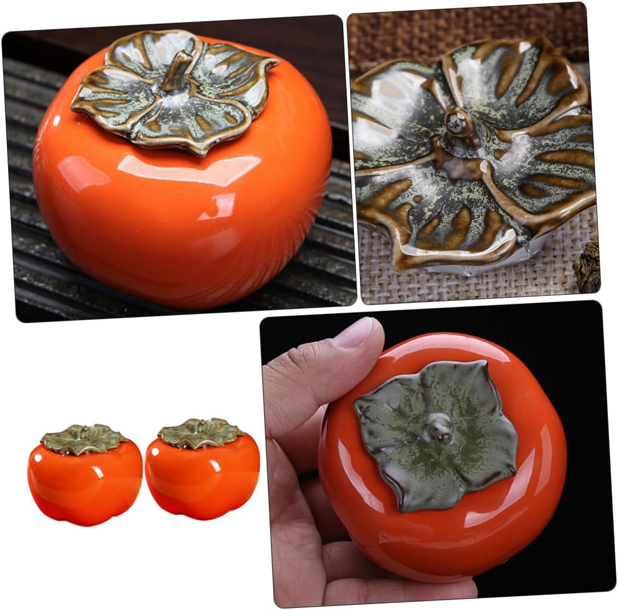 FELTECHELECTR Ceramic Tea Canister with Airtight Lid, 150Ml Persimmon-Shaped Storage Jar, Sealed Multipurpose Container for Home Tea Leaf and Candy Storage, 2Pcs Set, Orange image number 2