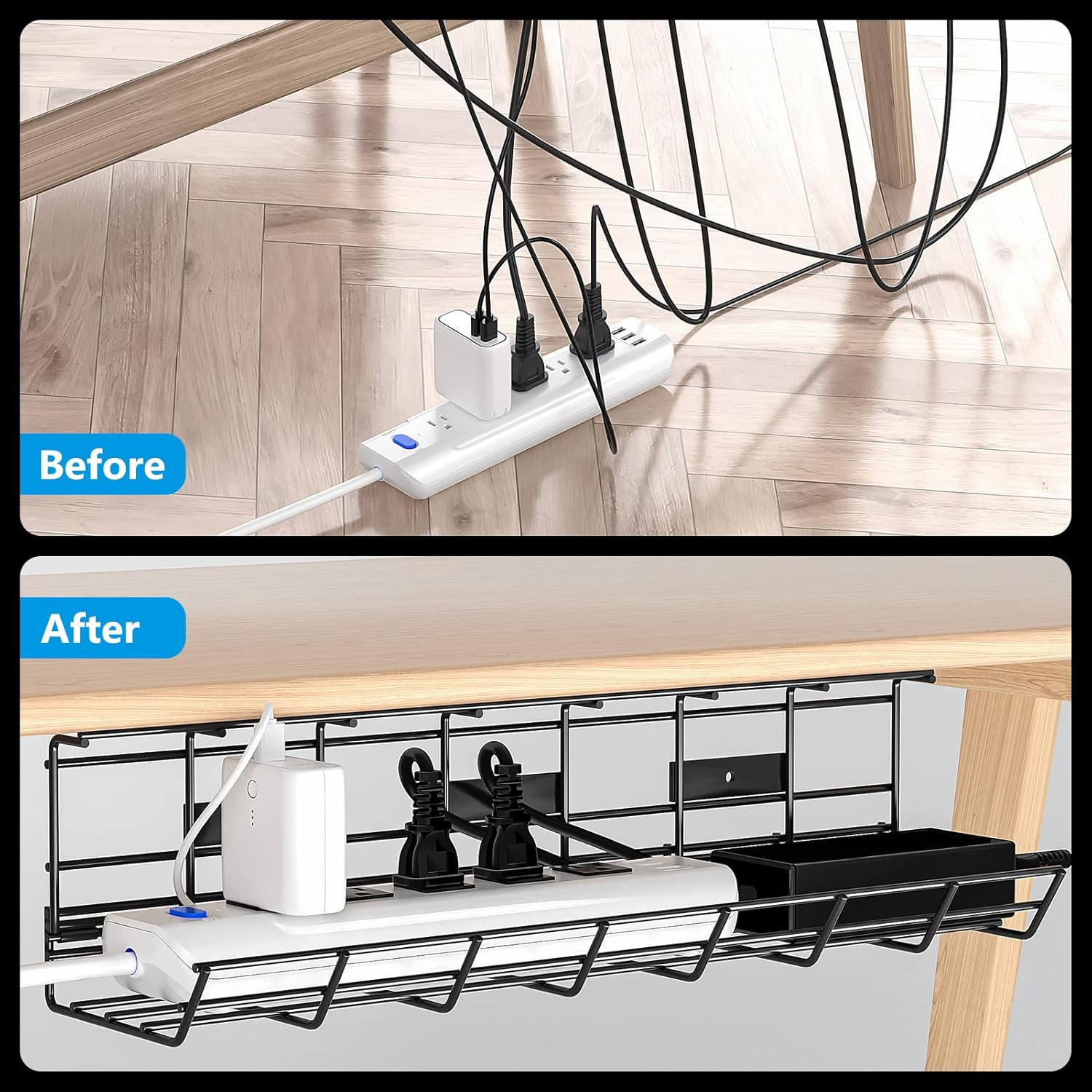 Under Desk Cable Management Trays, 2 Pack Metal Cable Tray , under Desk Cord Management Rack, Wire Tray Desk Cable Organizer, 34In Cable Basket, 2X L17 W4.1 H4.7In, Black image number 2