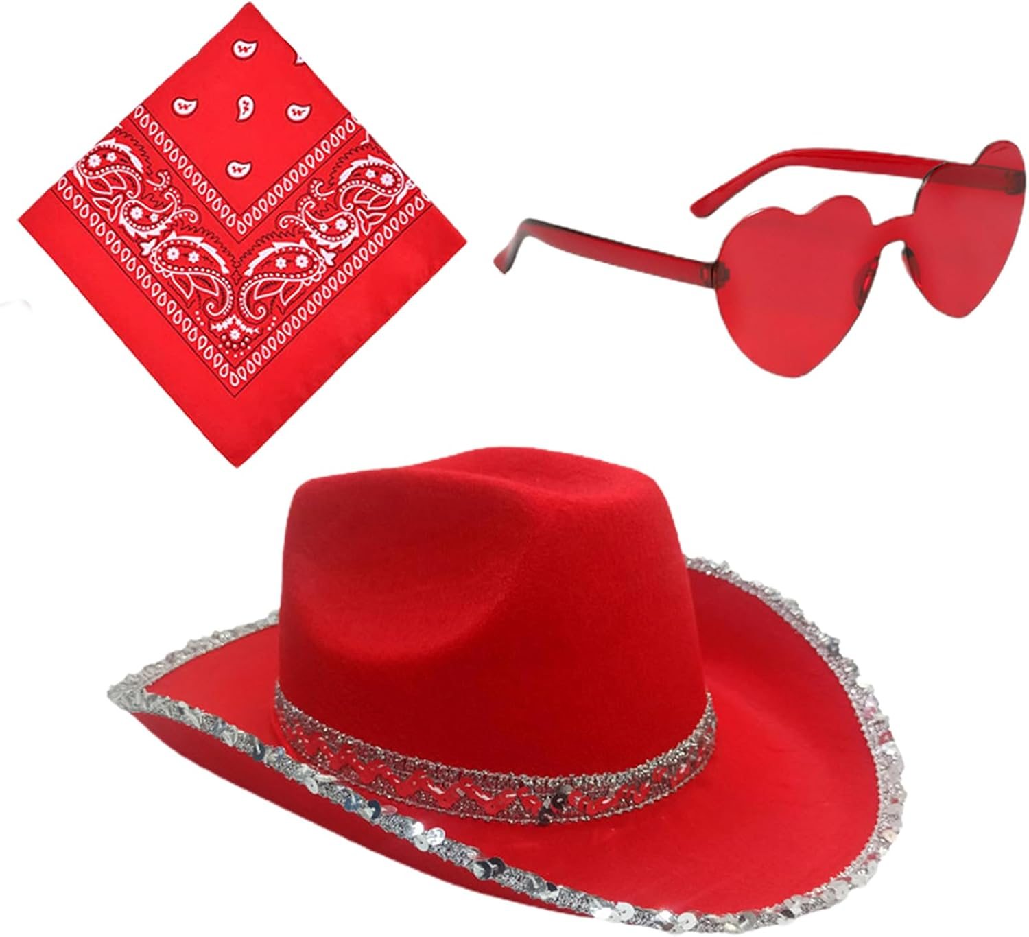Cowgirl Hats Women - Bling Jazz Hat with Glasses Headscarf, Cowgirl Hats Pack, Costume Dress up Party Supplies for Festival Party image number 2