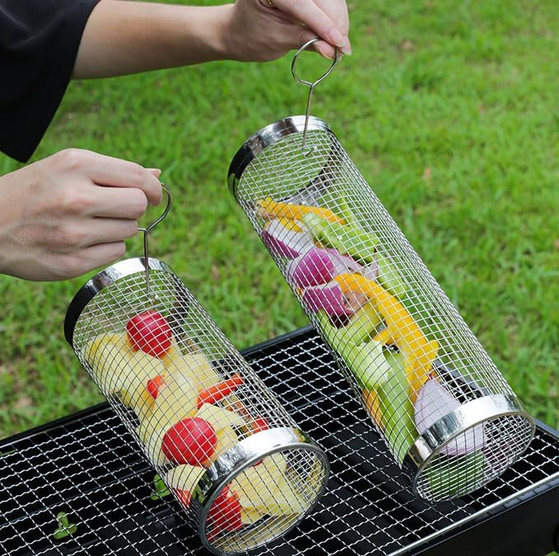 2 PCS Rolling Grill Baskets, 304 Stainless Steel Rolling Grilling Net, Nesting Grill Baskets for Vegetables Shrimp, BBQ, Outdoor Cooking Camping, Gifts for Men Dad Husband image number 3
