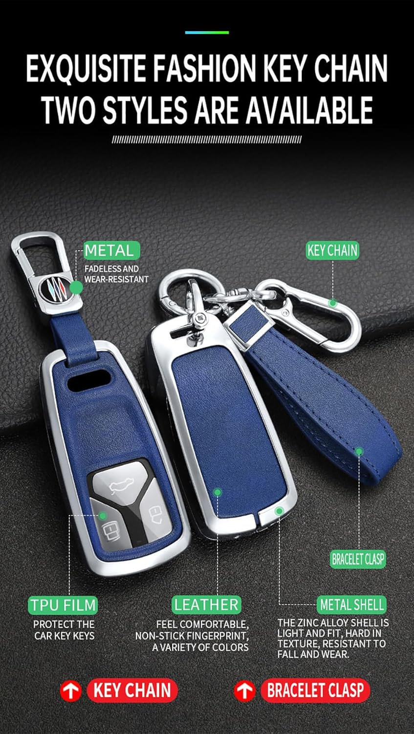 Car Key Case Zinc Alloy Key Fob Holder Cover Leather Keychain Fit for Audi A4 S4 RS4 B9 A5 F5 S5 RS5 A6 A7 C8 A8 S8 Q2 Q5 SQ5 Q7 SQ7 TT TTS TTRS R8 3 Buttons Protector Covers Silvery Black