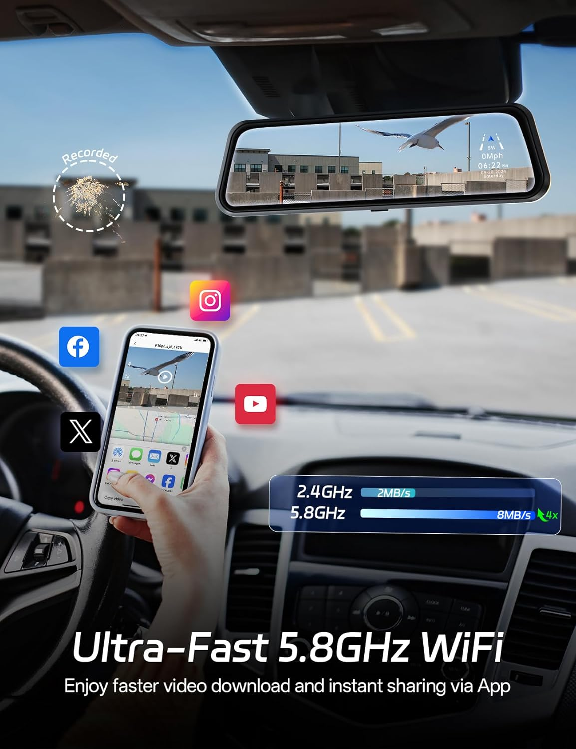 Pelsee P10 plus 4K Rear View Mirror Camera with ADAS and BSD, 5.8Ghz Wifi Mirror Dash Cam Front and Rear, Backup Camera for Car, GPS, 64GB Card Included, WDR Night Vision, Voice Control, 10&rdquo; Display image number 2
