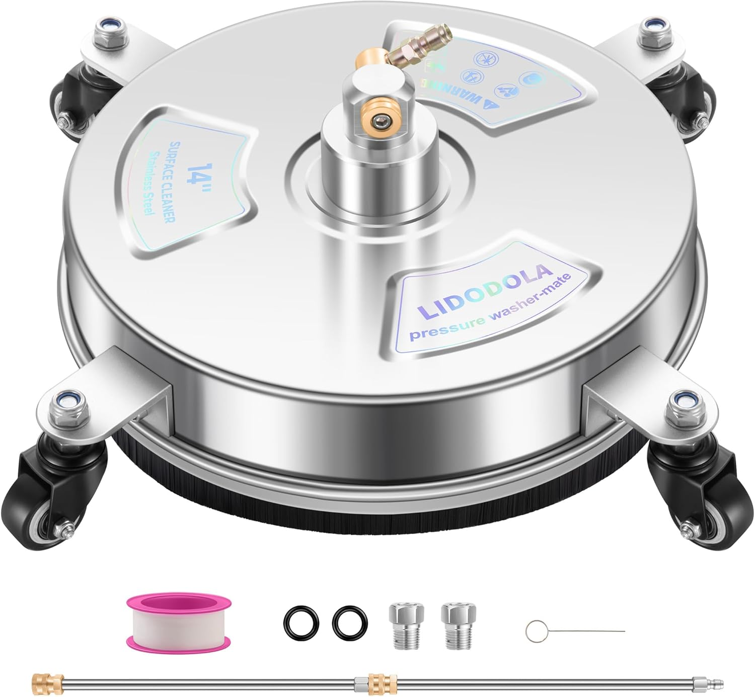 Lidodola Pressure Washer Surface Cleaner with 4 Wheels - Stainless Steel Surface Cleaner for Pressure Washer Attachment for Concrete, Patio, Sidewalk, Deck and Driveways (14 INCH Silver)