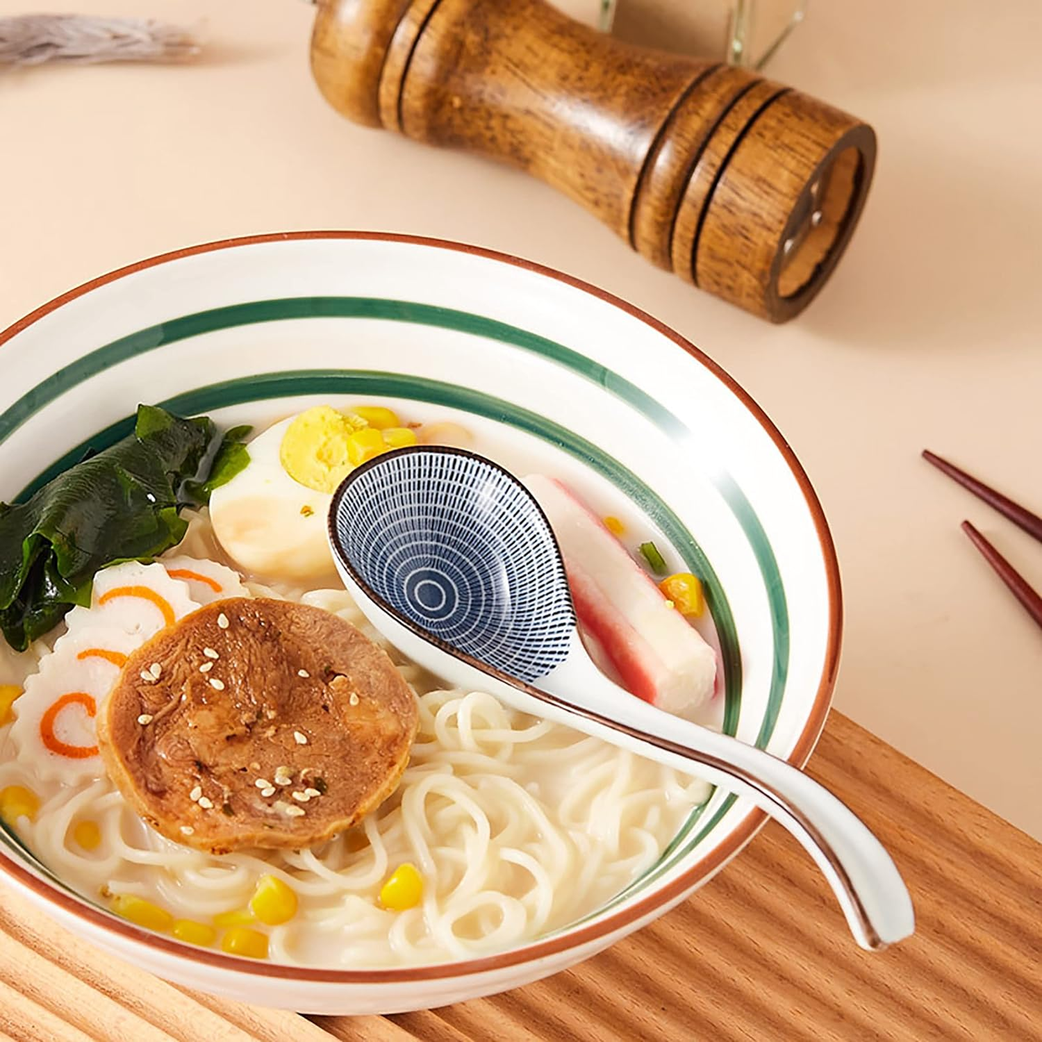 Ceramic Asian Ramen Spoons Set of 4, Long Japanese Soup Spoons for Pho, Wonton, Noodles, 4 Pcs image number 2