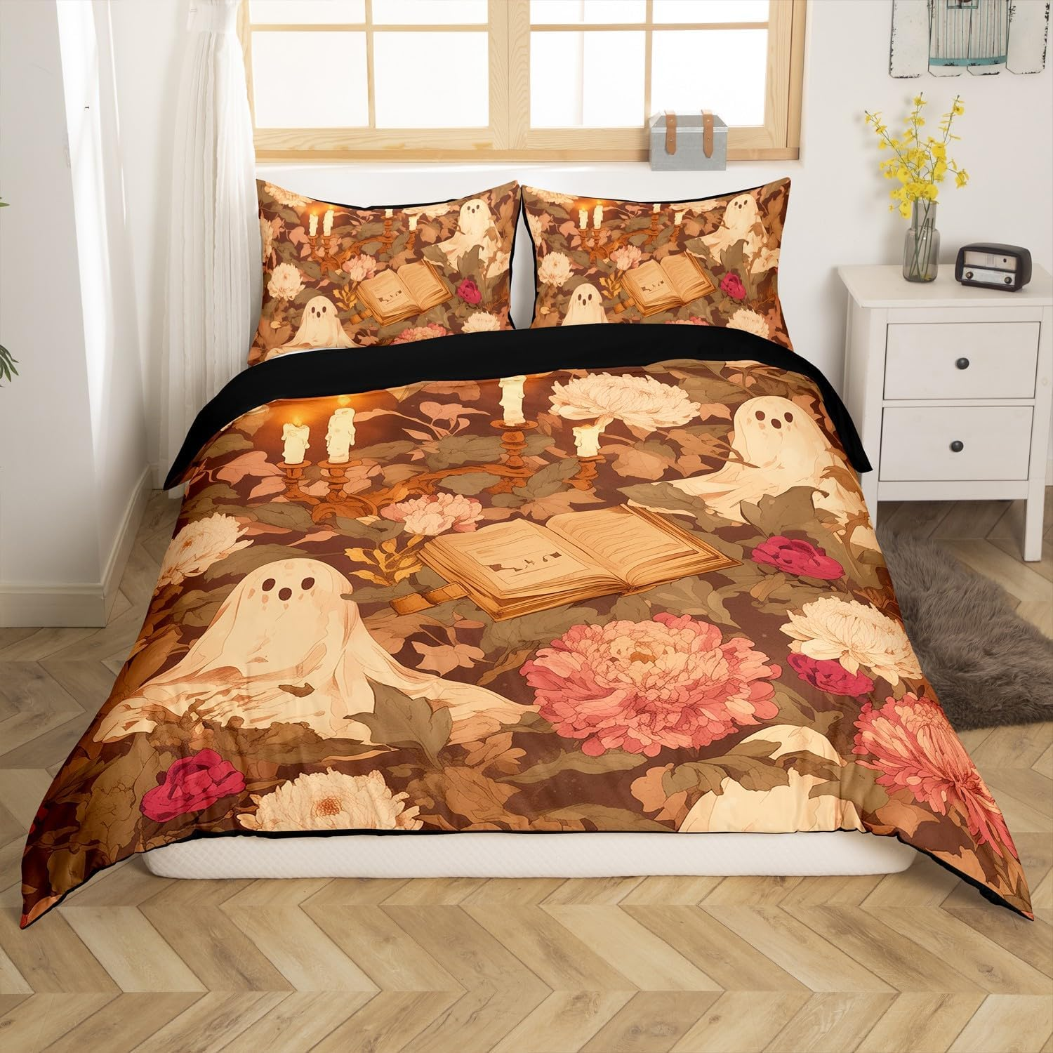 Homewish Vintage Halloween Duvet Cover 135 X 200 Cm Magic Book Spooky Ghost Bedding Set Retro Autumn Chrysanthemum Fallen Leaves Comforter Cover for Children Adults Grunge Halloween Bed Set