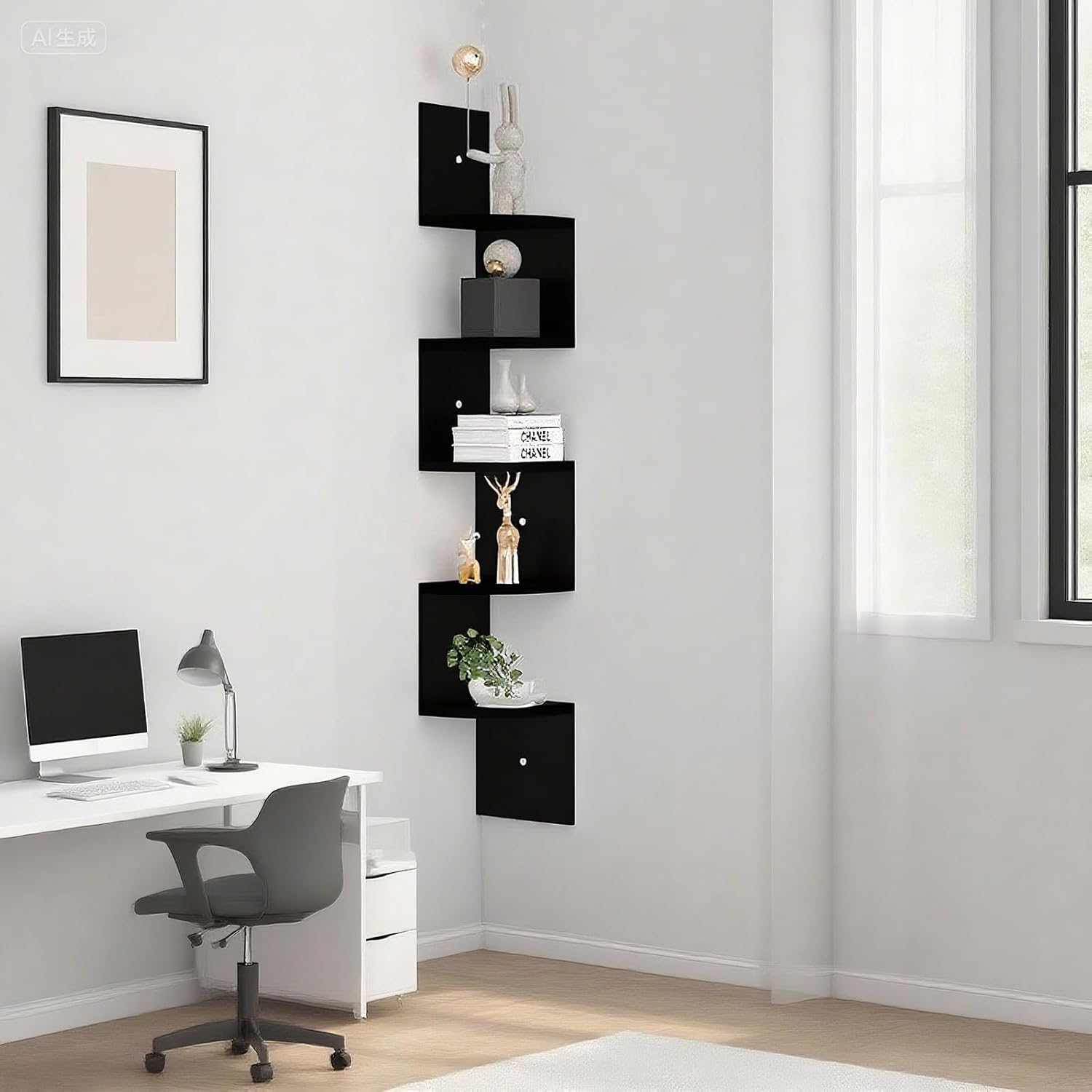 5-Tier Wall Mounted Shelf: 125X20X20Cm Rustic Particleboard Storage - Multi-Room Organizer for Living Room, Bedroom and Home Office (Black) image number 6