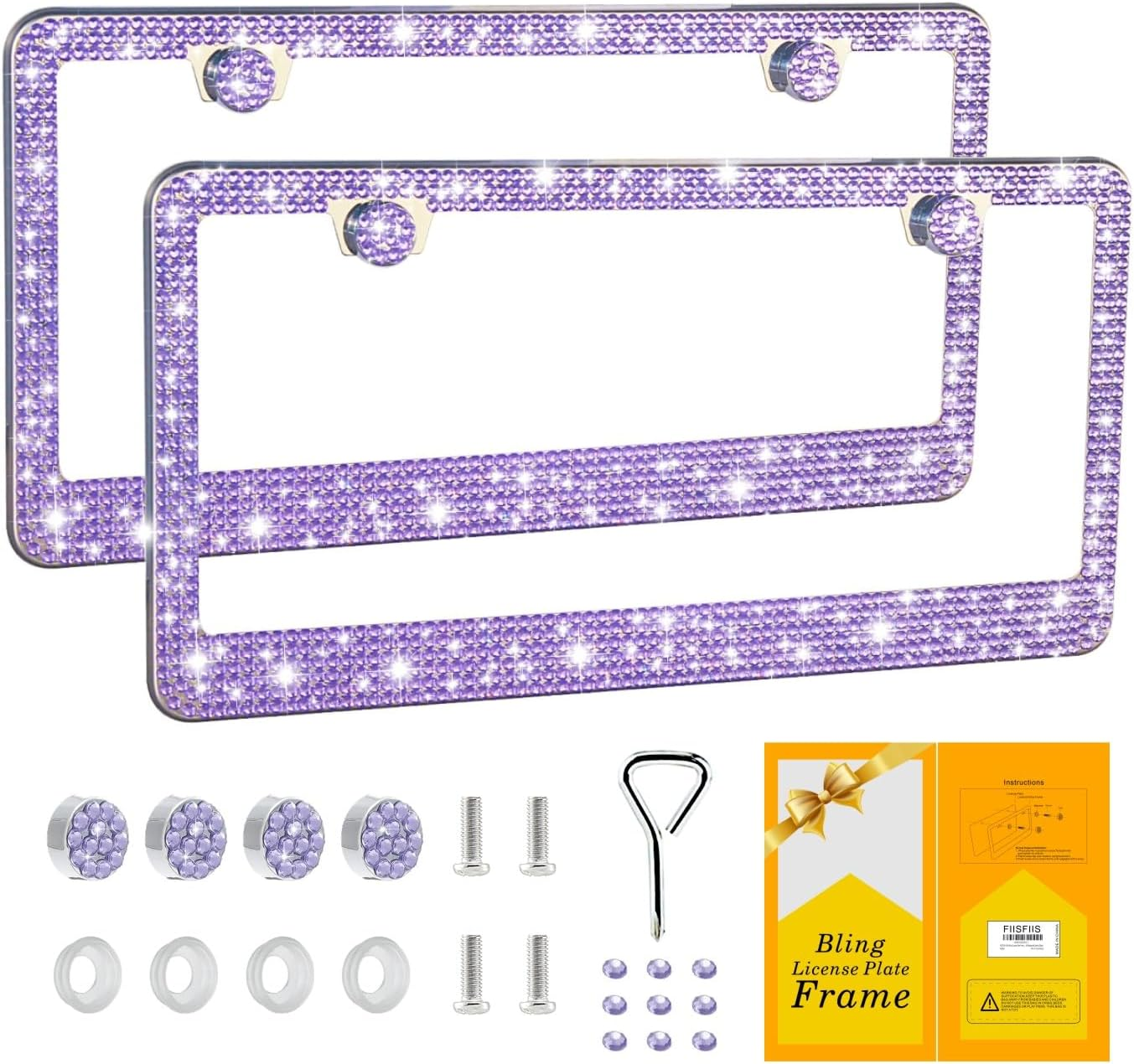 Bling License Plate Frame for Women,2 Pack Premium Stainless Steel Rhinestone Car License Plate Holder,Handmade Glitter Crystal Diamond Lincense Plate Cover,Bedazzled Sparkly Caps-Pink image number 1