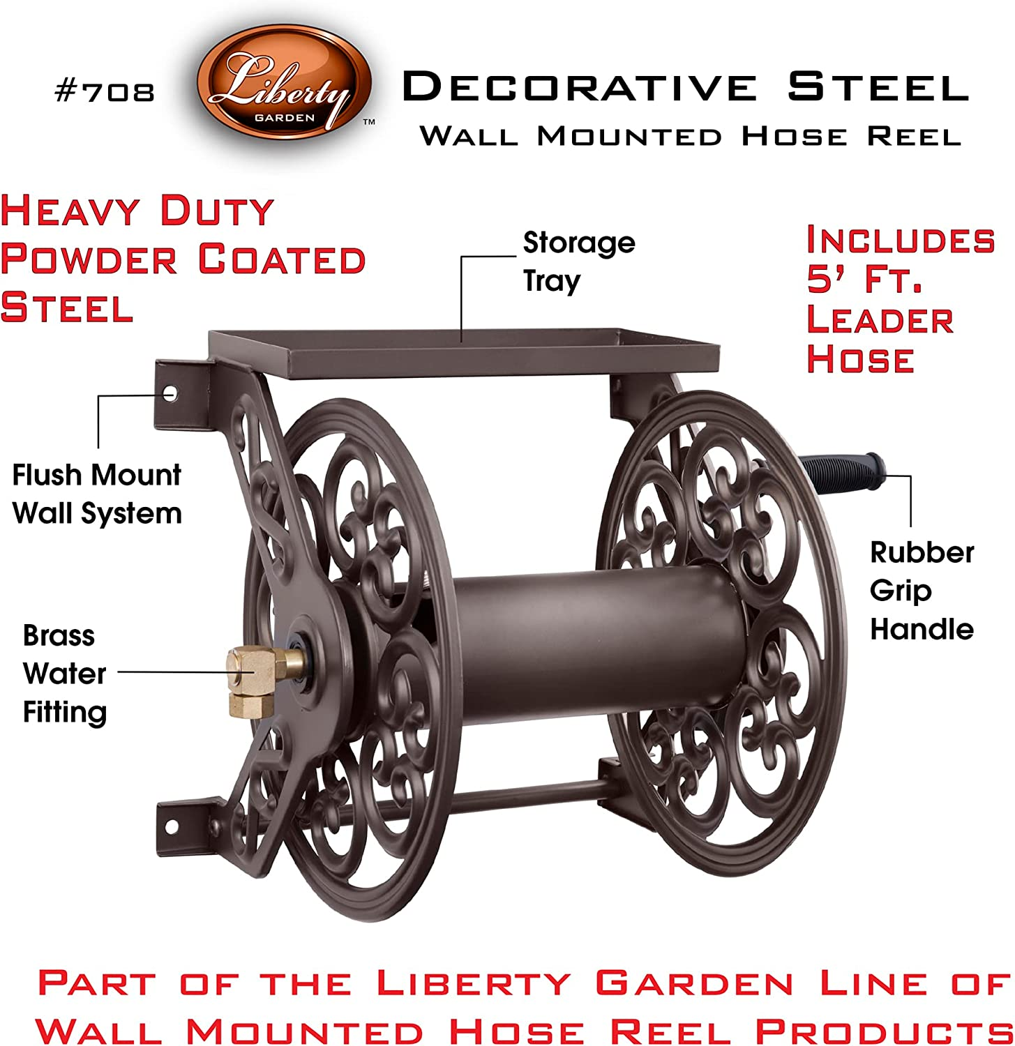 Liberty Garden Products 708 Steel Decorative Wall Mount Garden Hose Reel, Holds 125-Feet of 5/8-Inch Hose - Bronze image number 6