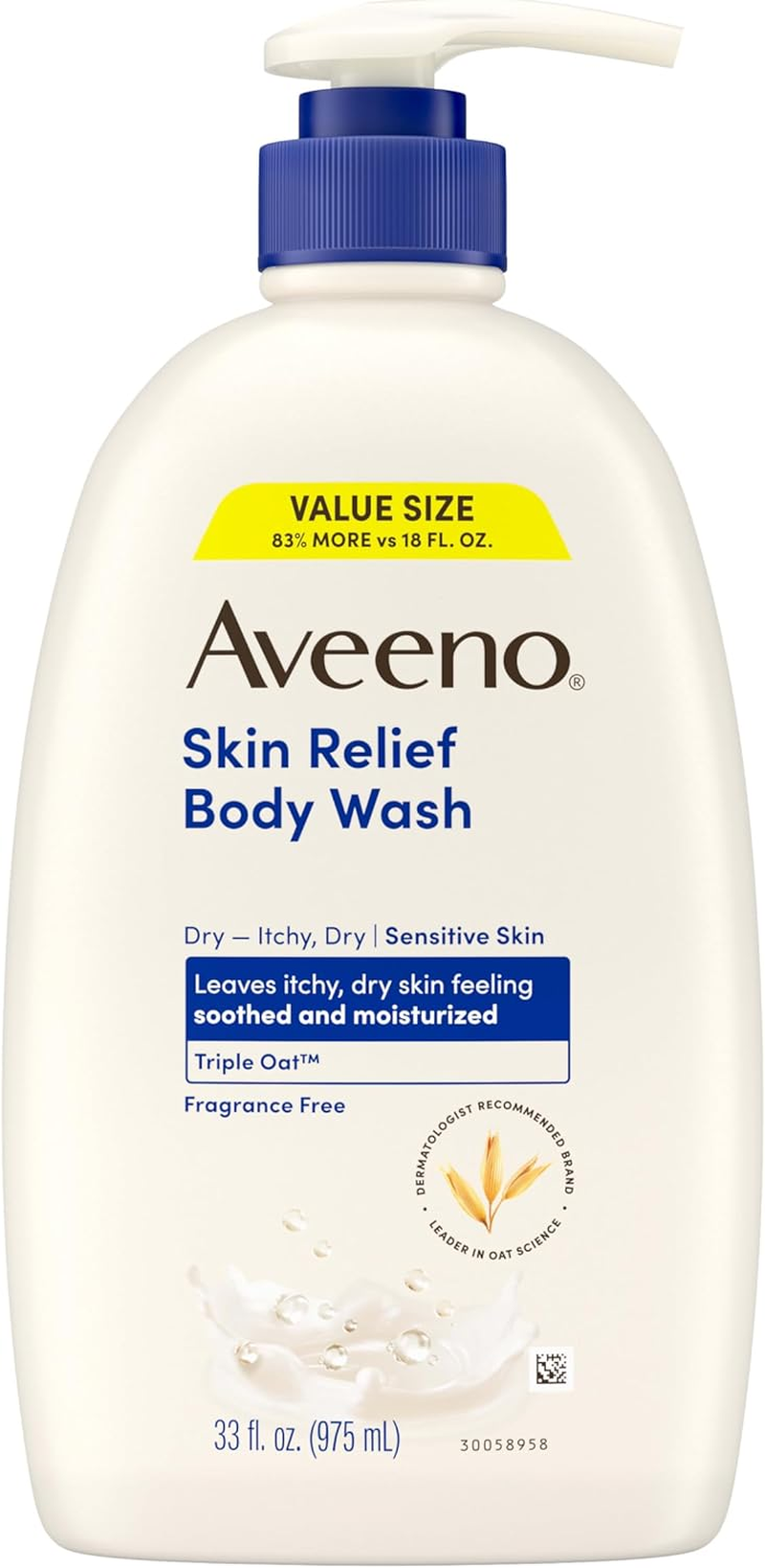 Aveeno Skin Relief Fragrance-Free Body Wash with Triple Oat Formula Soothes Itchy, Dry Skin, Formulated for Sensitive Skin, Fragrance-, Paraben-, Dye- & Soap-Free, 33 Fl. Oz image number 1