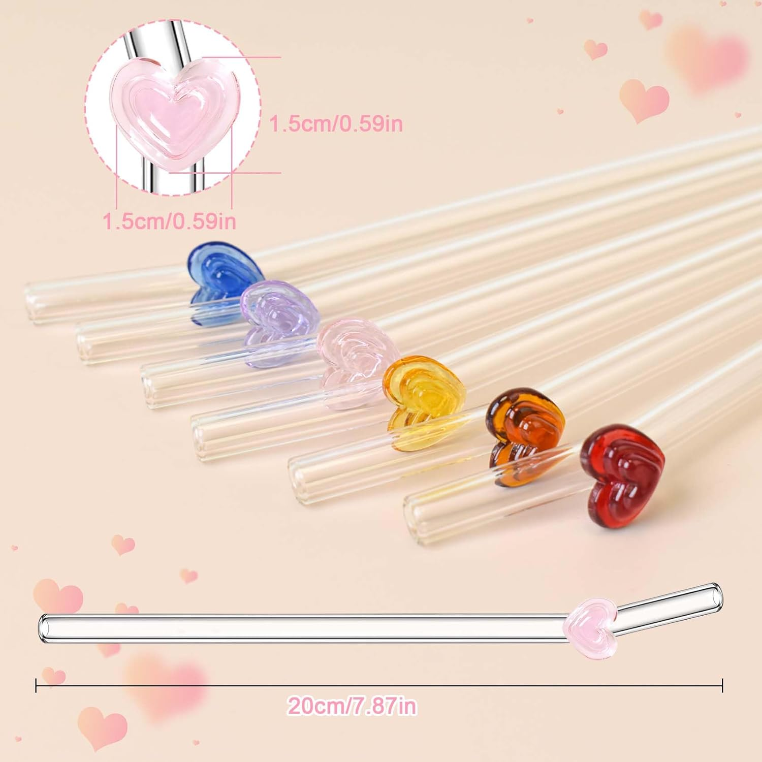 6 Pcs Glass Straws with 2 Cleaning Brushes, Cute Colorful Heart Shaped Bent Glass Straws Shatter Resistant, Reusable Love Straws Charm for Coffee Lover, Milkshake, Smoothies, Juice, Aesthetic Gift image number 1