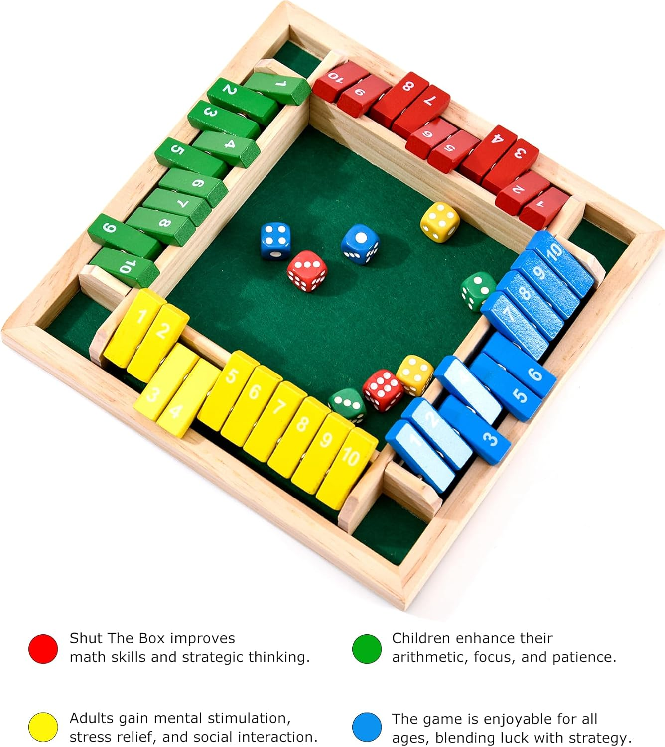 Shut the Box Game, 2-4 Player Wooden Board Game with 8 Dice, Classic Math and Strategy Game for Kids and Adults, Perfect for Home, Classroom, Parties, and Pubs