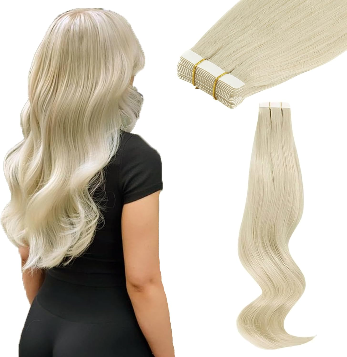 ABH AMAZINGBEAUTY HAIR Tape in Hair Extensions Human Hair Ice Blonde Tape in Blonde Straight Hair Glue in Remy Human Hair Extensions Invisible Skin Weft Color 1000 White Blonde Hair 14 Inch 20Pcs 50G