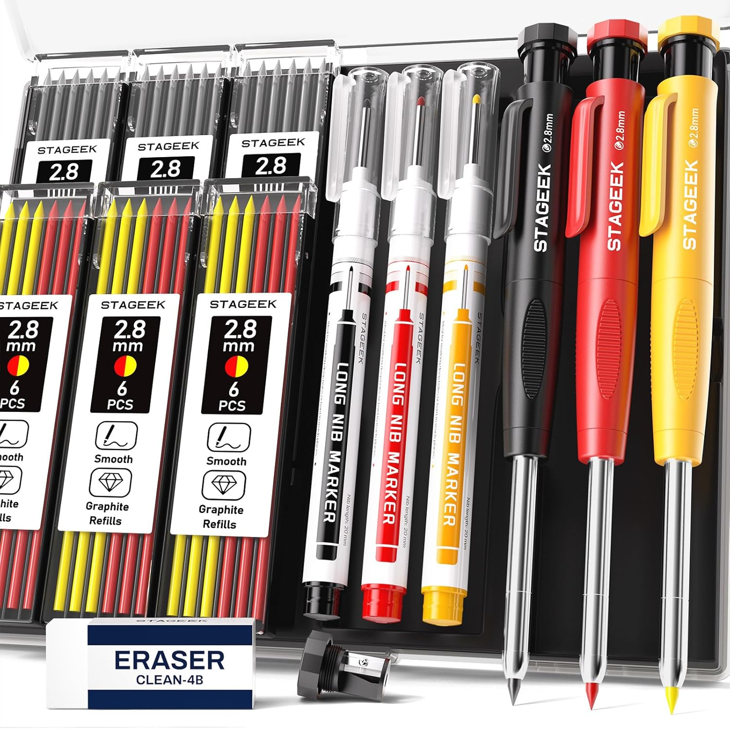 STAGEEK Carpenter Pencils Set with Case, 3PCS Mechanical Carpenter Pencils with 39 Refills, Heavy Duty Construction Pencil with Sharpener, Deep Hole Long Nib Marker Pens for Architect Marking image number 2