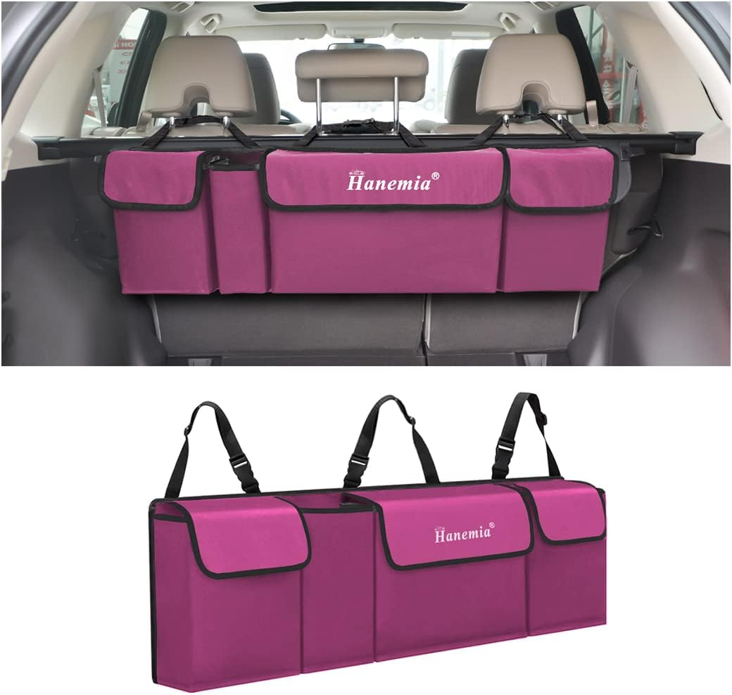 Hanemia Car Trunk Organizer, Backseat Hanging Storage with 4 Large Pockets, Collapsible Cargo Bag with Adjustable Straps Frees Trunk Floor, Sturdy Space Saving Expert for SUV, Truck, Van (Pink)