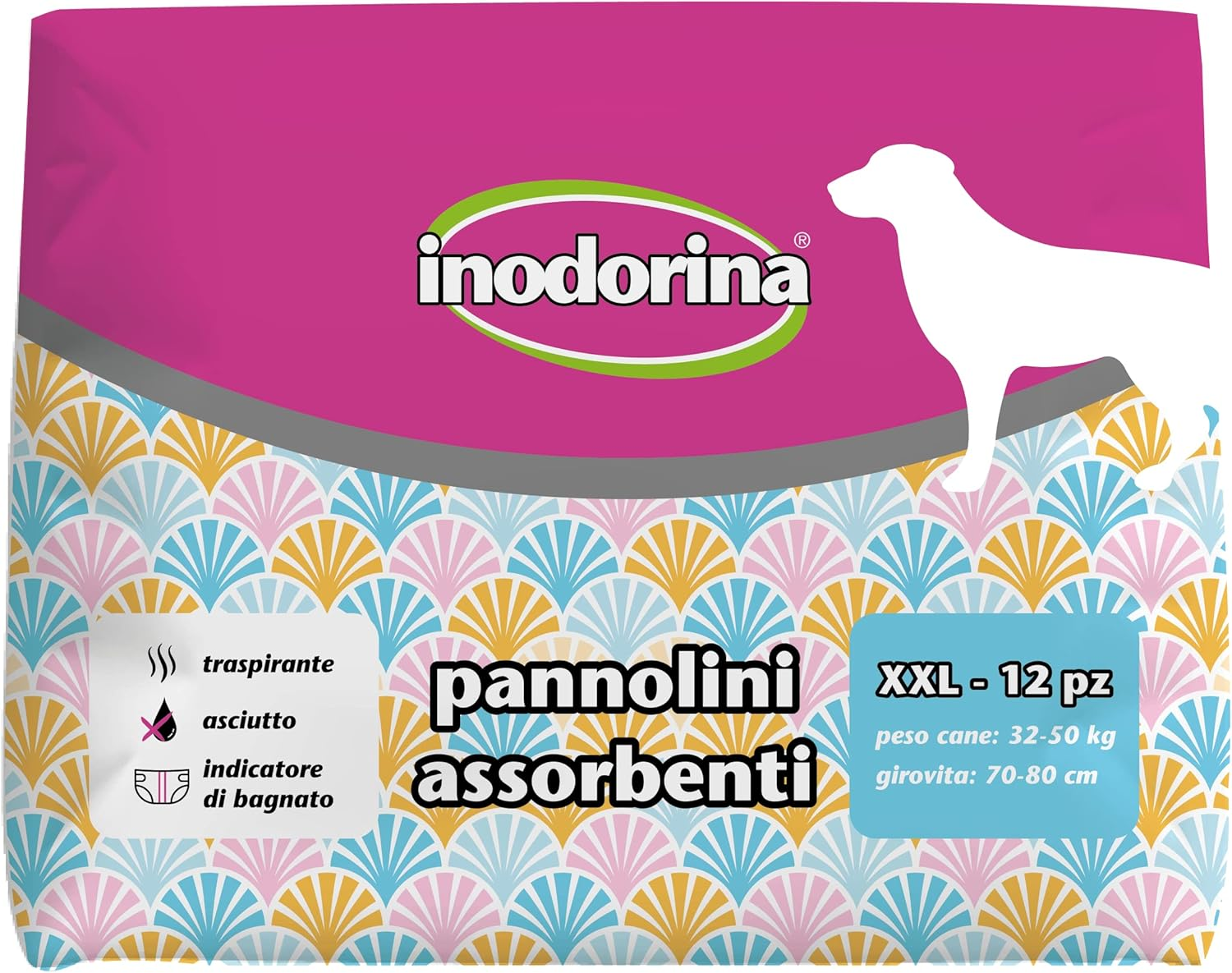 Inodorina, 12 X Disposable Absorbent Diapers Breathable Technology Wet Indicator with Tail Hole and Long Fins for Dogs Weighing 32-50 Kg - XXL