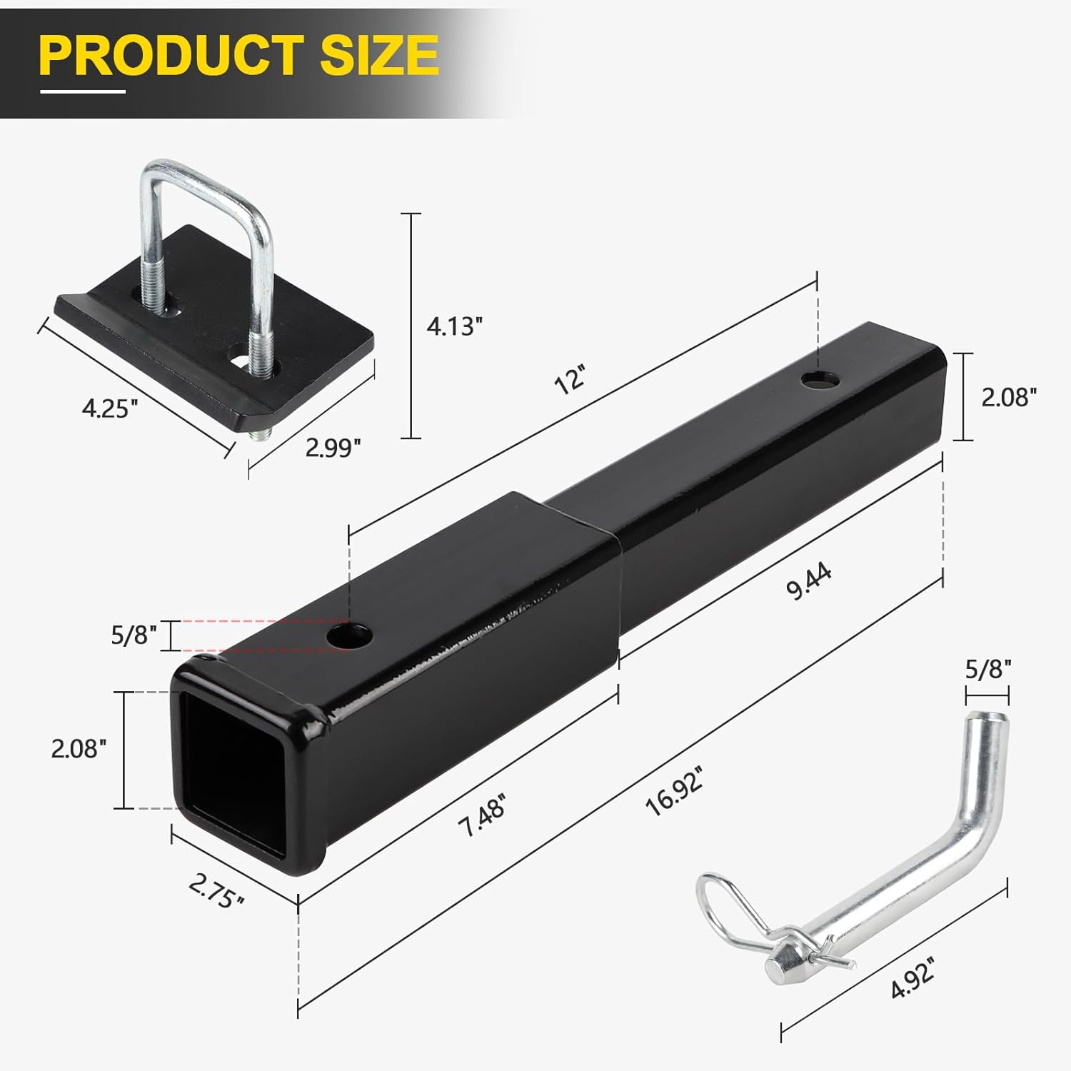 CPROSP 12'' Trailer Hitch Extension with Hitch Tightener anti Rattle Stabilizer, Fits for 2" Receiver Tube Tow Bar Steel Shank Heavy Duty 6000 Lbs, Hitch Extender with 5/8'' Pin Hole image number 3