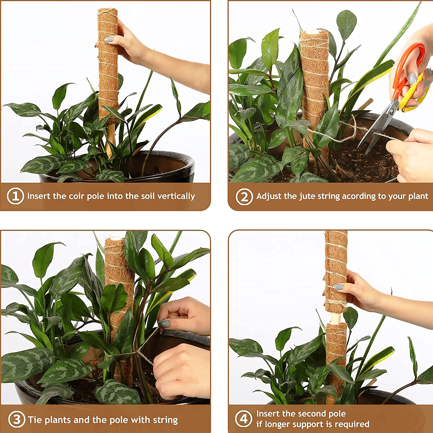 4 Pack Moss Pole for Plants Monstera, 15.7 Inch Plant Stakes Support Plant Coconut Silk Climbing Pole Coco Sticks with Garden Ties for Indoors Outdoor Plants Climbing Plants Growth (4 PCS) image number 1