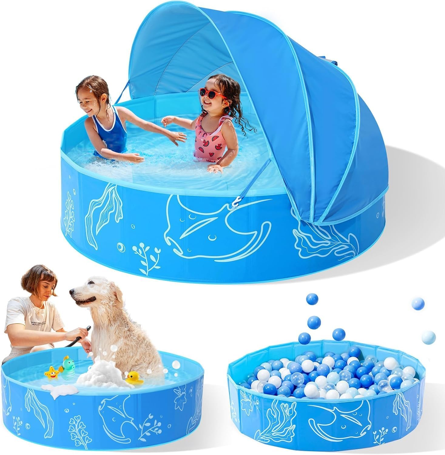 Foldable Kiddie Pool with Canopy: 119Cm Baby Pool and Beach Tent for Toddlers Infants 6-12 Months and Kids 2-4 Years Old - Portable Water Play with Shade for Outdoor Backyard Beach (Blue-Blue) image number 1