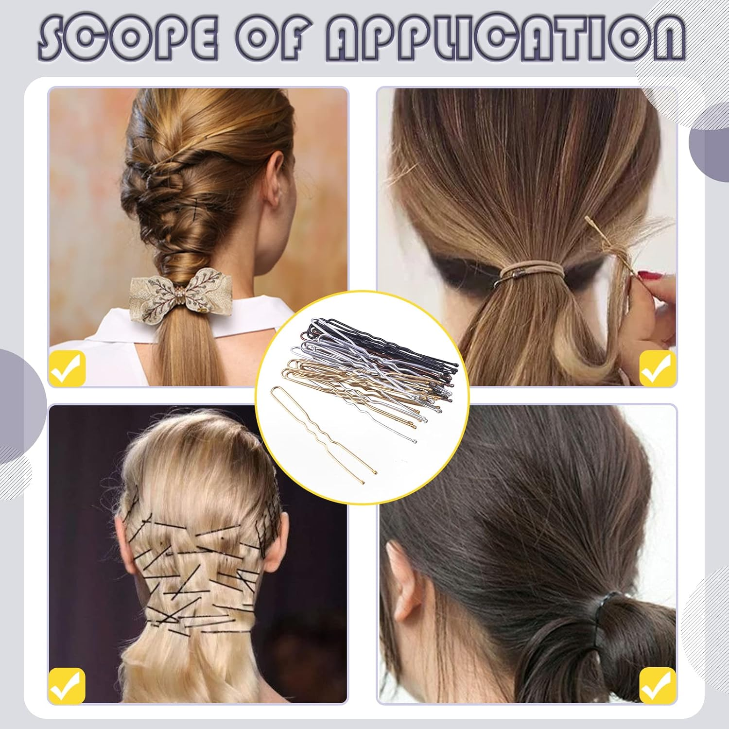 Swpeet 420Pcs 2 Styles 1.9Inch 2.4Inch Black/Gold/Brown/Silver Hair Pins Bobby Pins with Rubber Bands Kit, Including 160Pcs Bobby Pins and 160Pcs U Hair Pins Hair Clips for Girls and Women image number 6