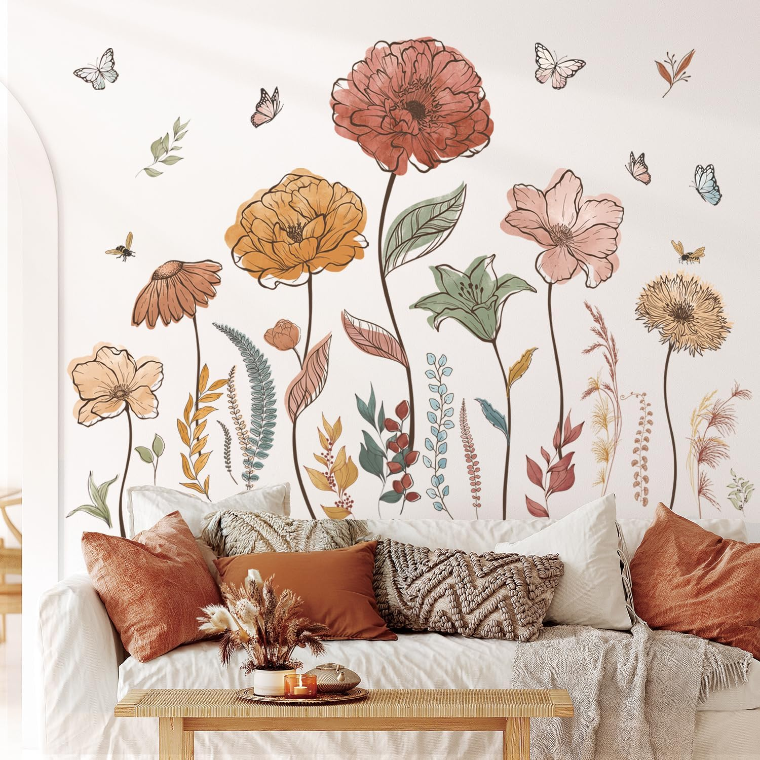 DECOWALL SG2-2420 Boho Flowers Wall Stickers Wildflower Floral Grass Garden Bedroom Living Home DIY Decor Art Colorful Pink Plants Removable Murals Nursery Leaves Leaf Potted Decoration