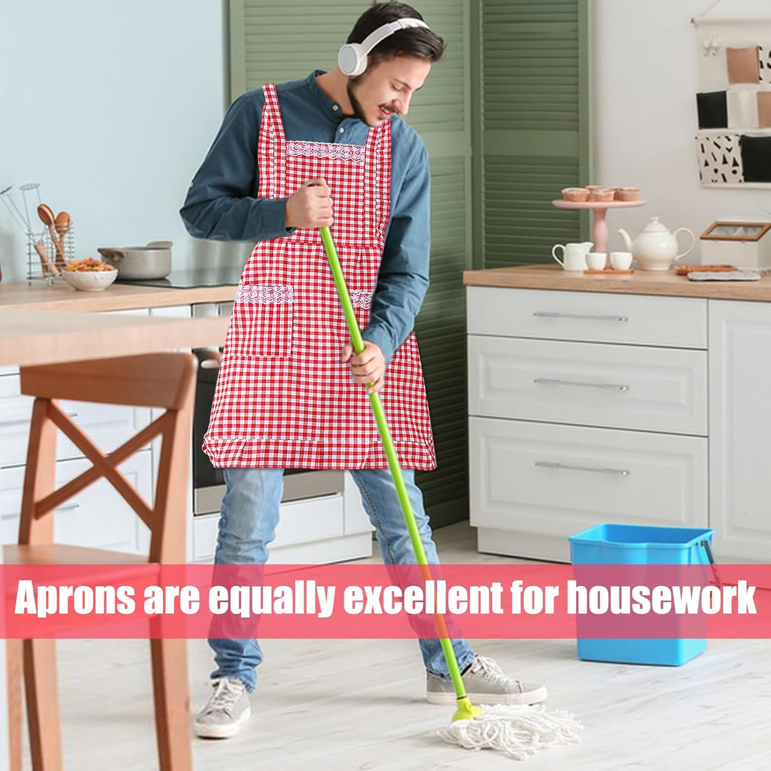 JJYHEHOT Women Classic Vintage Apron, Red and White Gingham Cotton Apron, Home Kitchen Chef Bib, Red image number 3