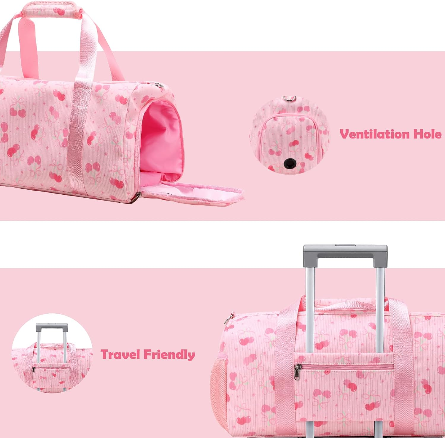 Kids Dance Bag Gymnastics Bag Girls Boys Duffle Bag Gym Sports Ballet Bag with Shoe Compartments, Girls Overnight Weekender Carry on Travel Bag, Cherry Pink