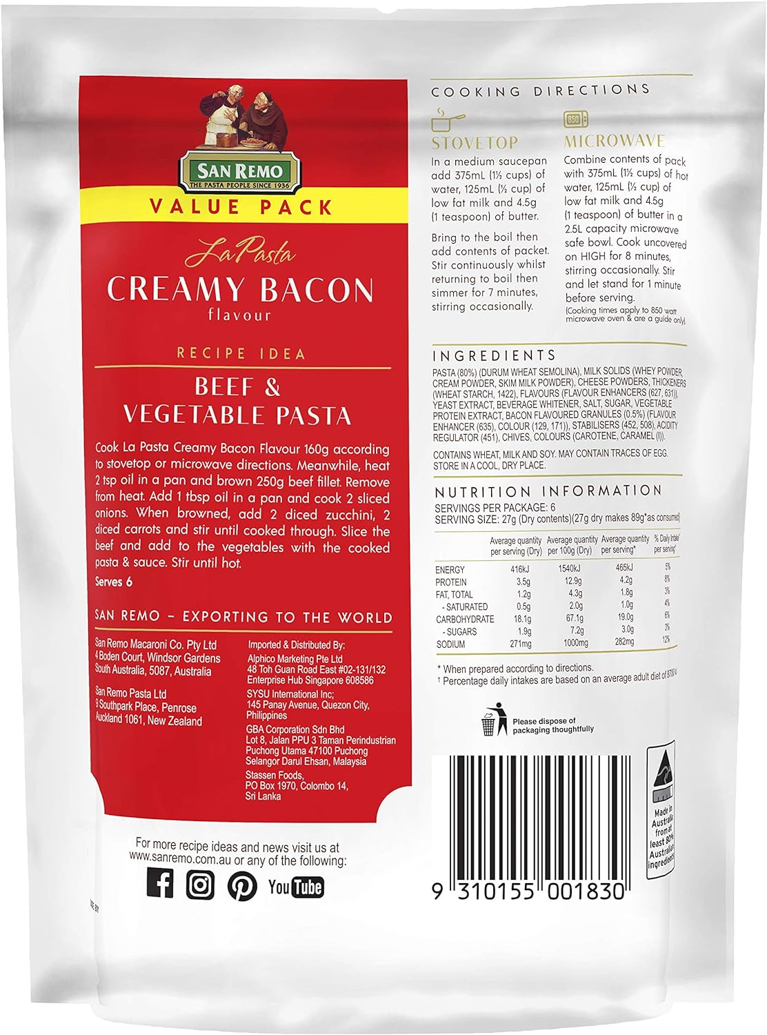 San Remo La Pasta Creamy Bacon, 160 G, Creamy Bacon