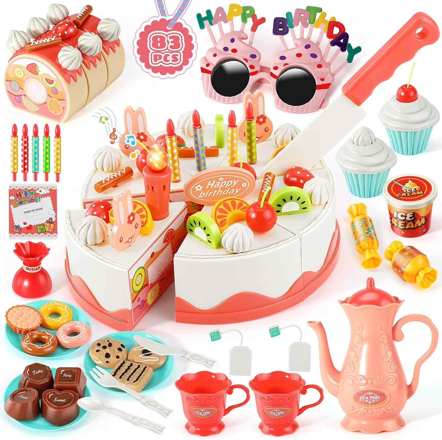 83 PCS Pretend Play Food Set - Cake Food Toy Pretend Cutting Play Cake Desserts Ice Cream and Donuts Food Toys - Birthday Gifts Toy Set for Boys Kids Girls image number 4