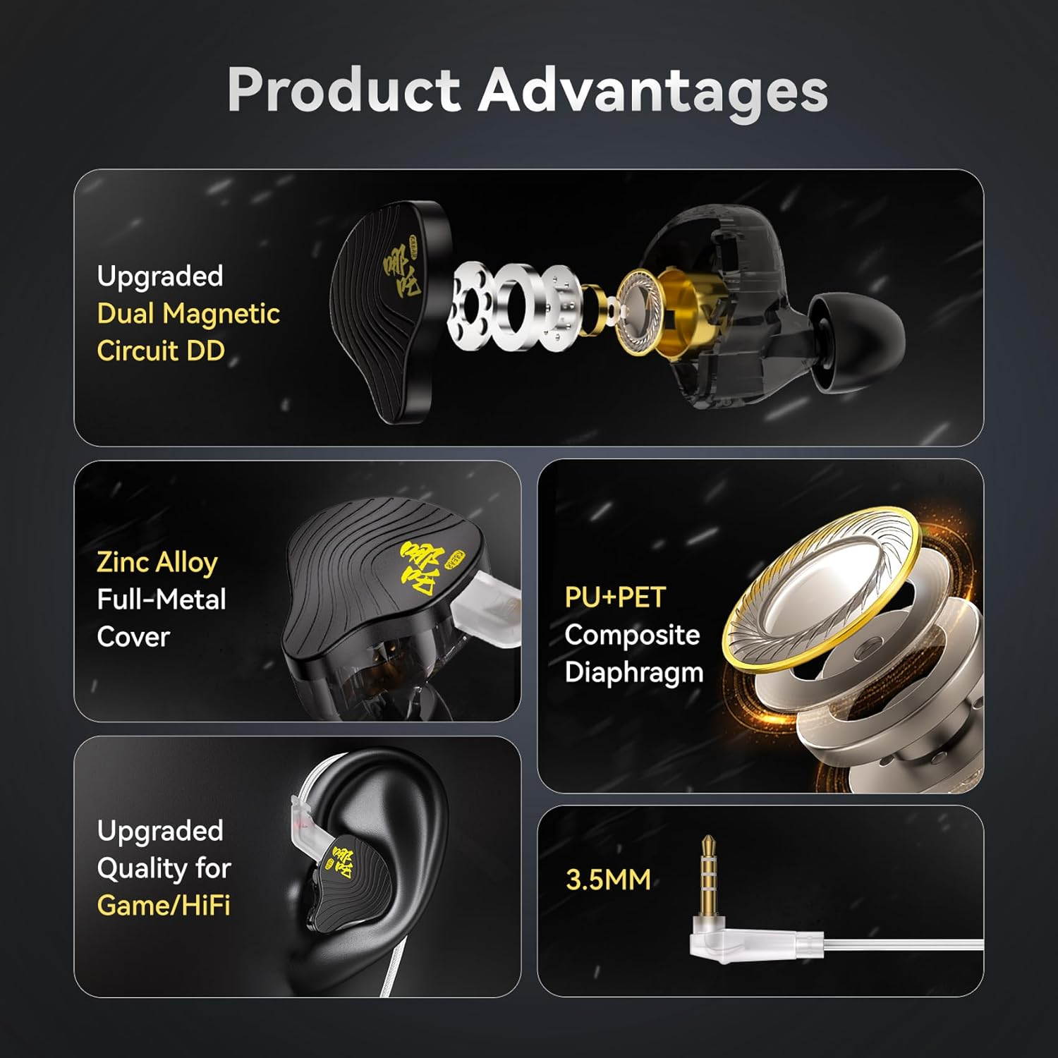 KBEAR NZ02 Gaming Earbuds, Metal Zinc Alloy Cover, 10Mm Dual Magnetic Driver, In-Ear Monitor, 3D Surround Sound, Wired Gaming Headset with Low Latency (Black, Without image number 3