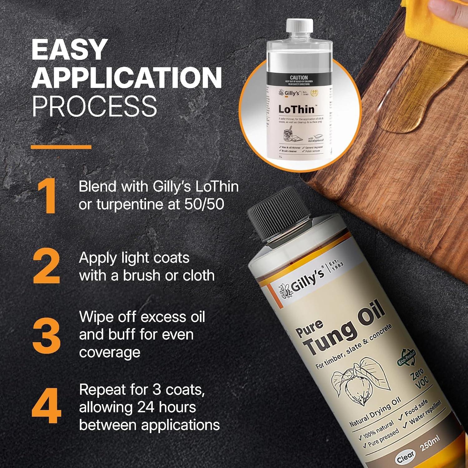 Gilly&rsquo;S Pure Tung Oil 250Ml | Seals & Protects, Food Safe for Non-Toxic Application, Indoor/Outdoor Furniture, Timber, Woodworking & Kitchen Surfaces | Natural, No Additives or Petrochemicals image number 6