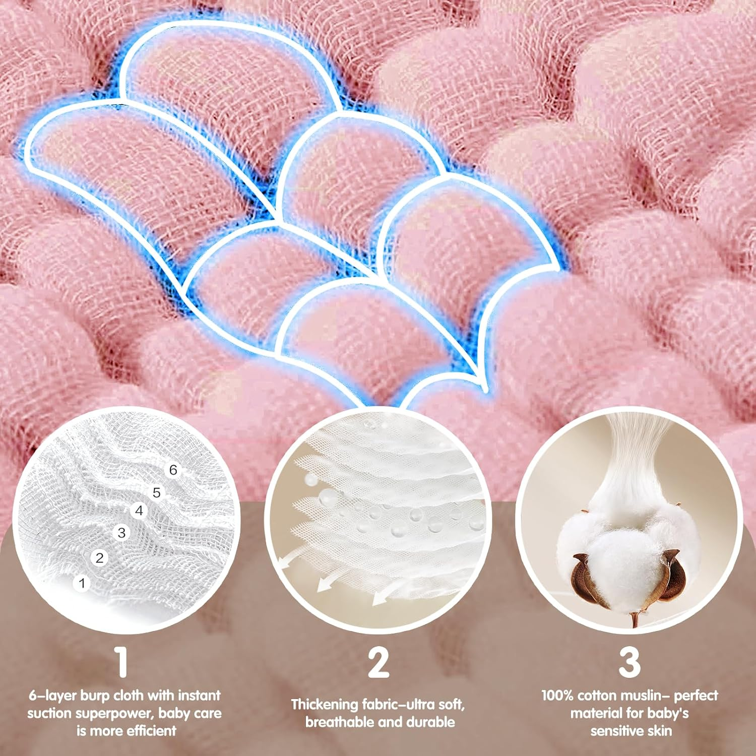 10 Pack Muslin Burp Cloths 100% Cotton Large 20''&times;10'' Thickened Baby Burp Cloths Super Soft and Highly Absorbent, Newborn Washcloth (Pink)