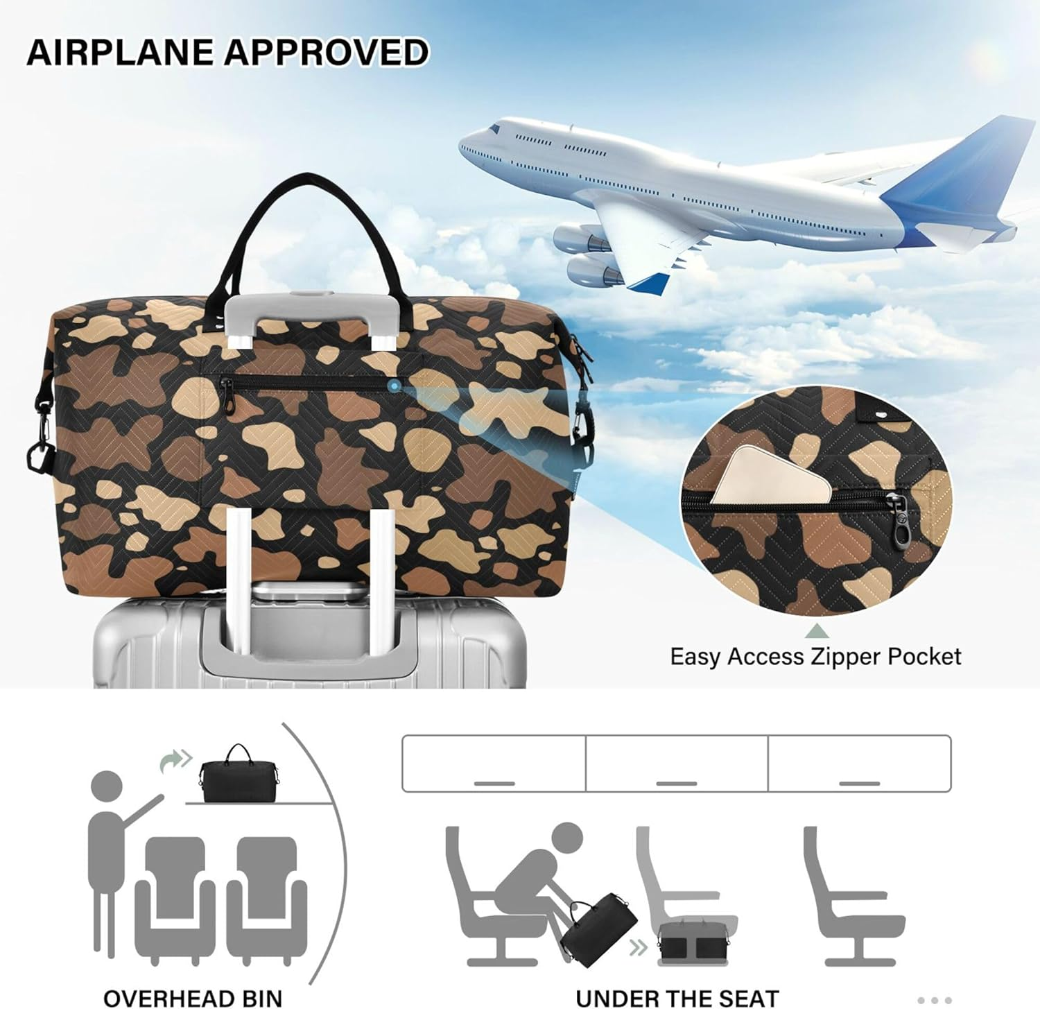 Large Bag Travel Tote Gym Bag Travel Weekender Gear Bag with Toiletry Bag for Hiking Multifunctional Brown Color Cowhide Frame Pattern, Multi, 1 Size, Multi, 1 Size image number 6
